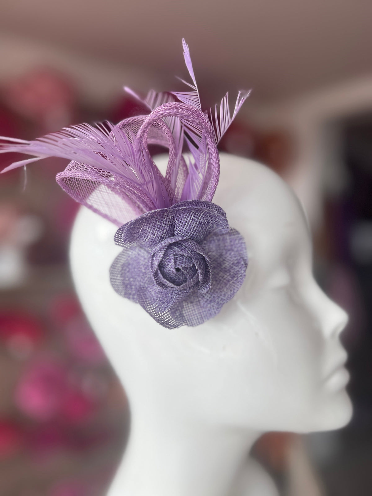 Small Lilac Rose Flower Fascinator Clip with Feathers-Fascinators Direct