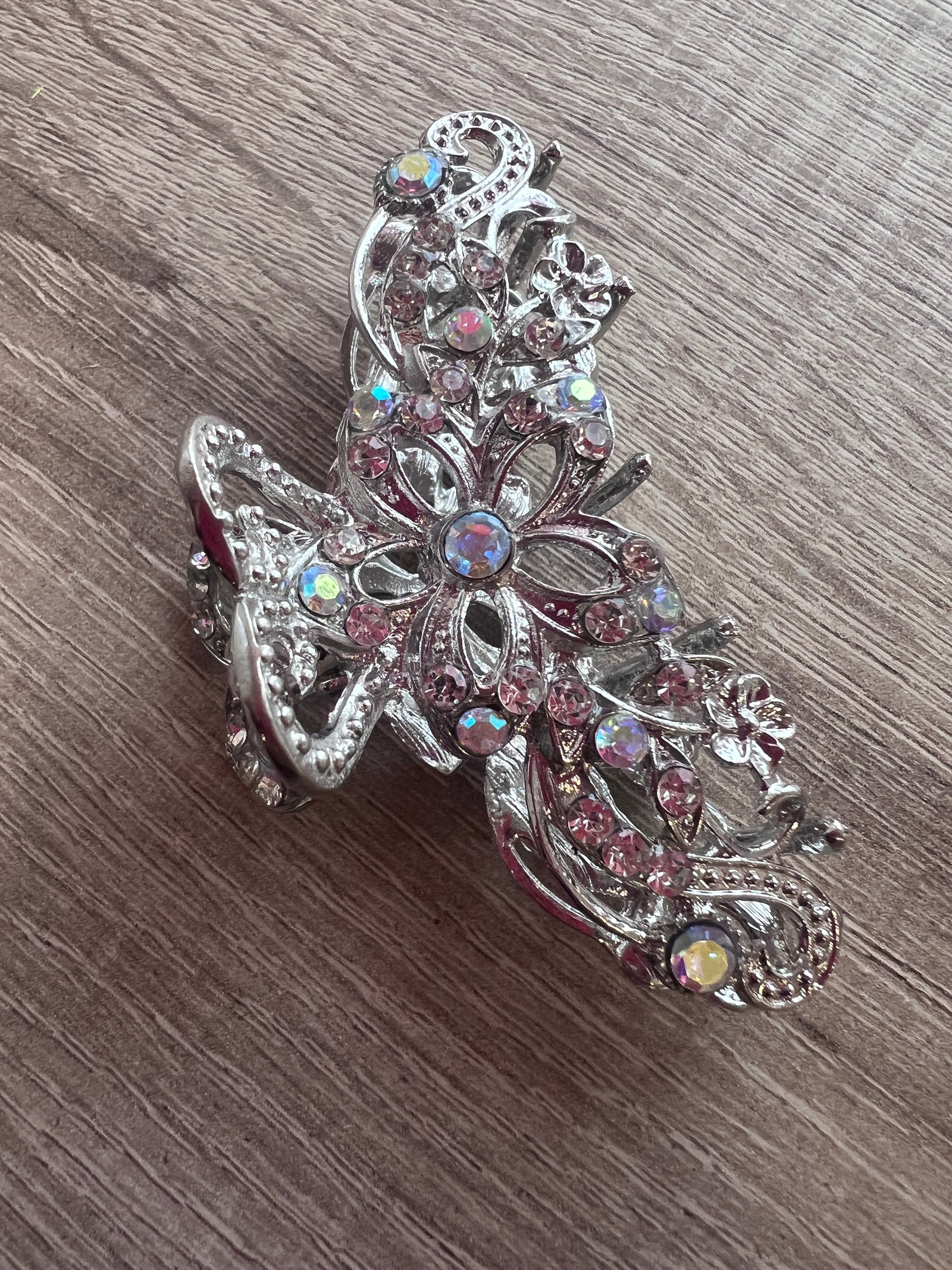 Small Metal Silver Flower AB Diamante Hair Claw-Fascinators Direct
