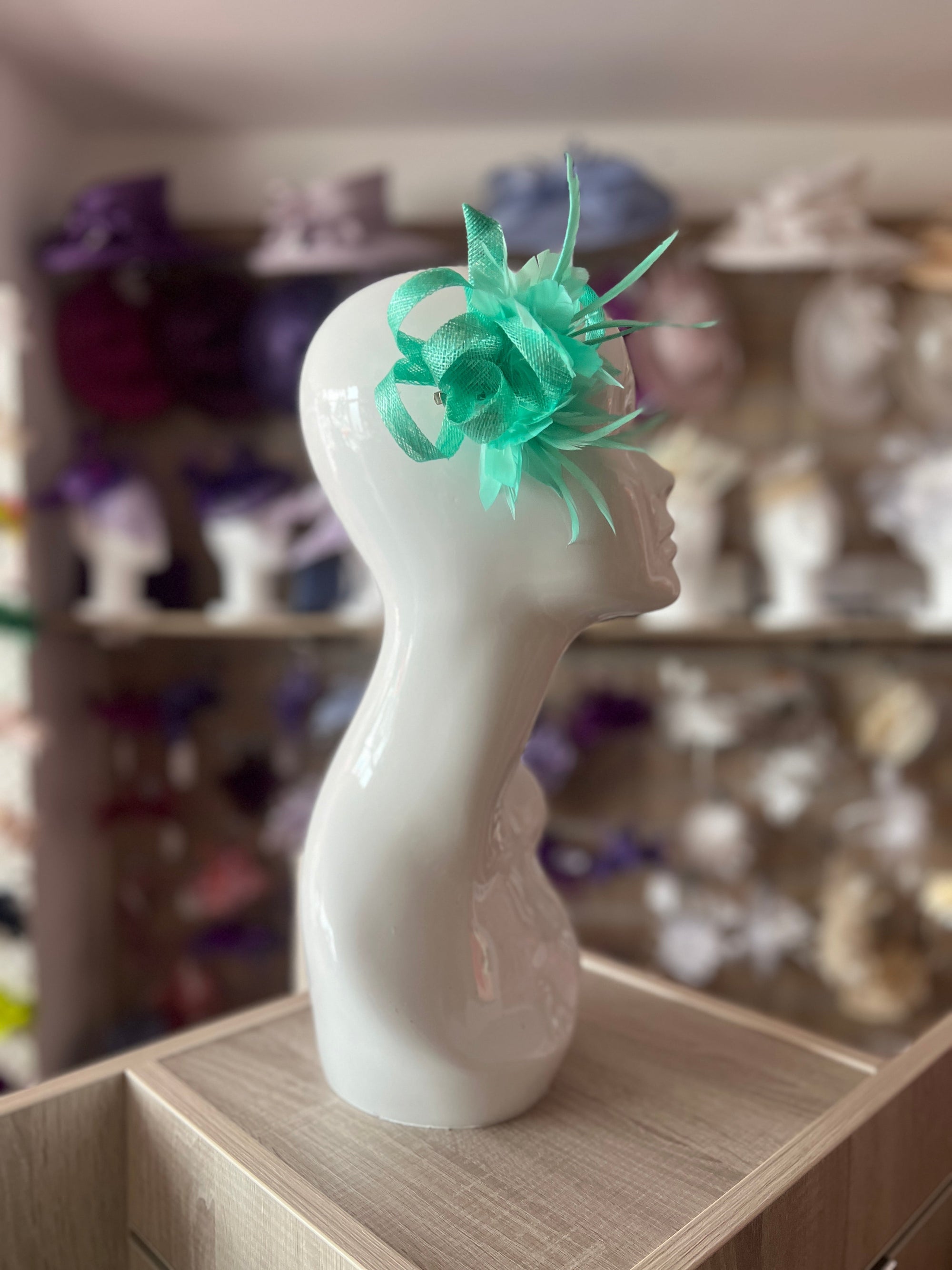 Small Mint Green Fascinator Clip with Feathers & Sinamay Loops-Fascinators Direct