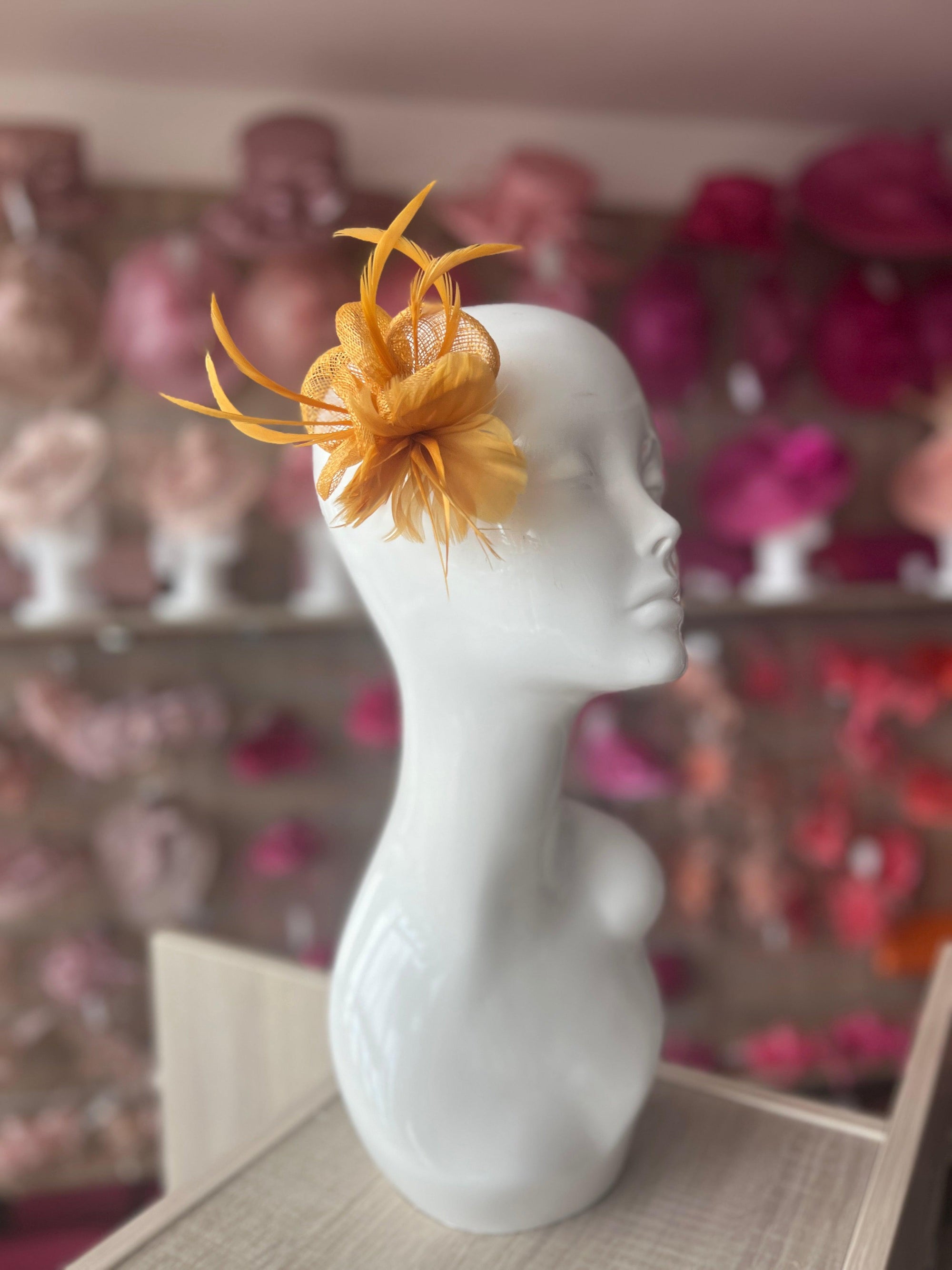 Small Mustard Fascinator Clip with Feathers & Sinamay Petals-Fascinators Direct