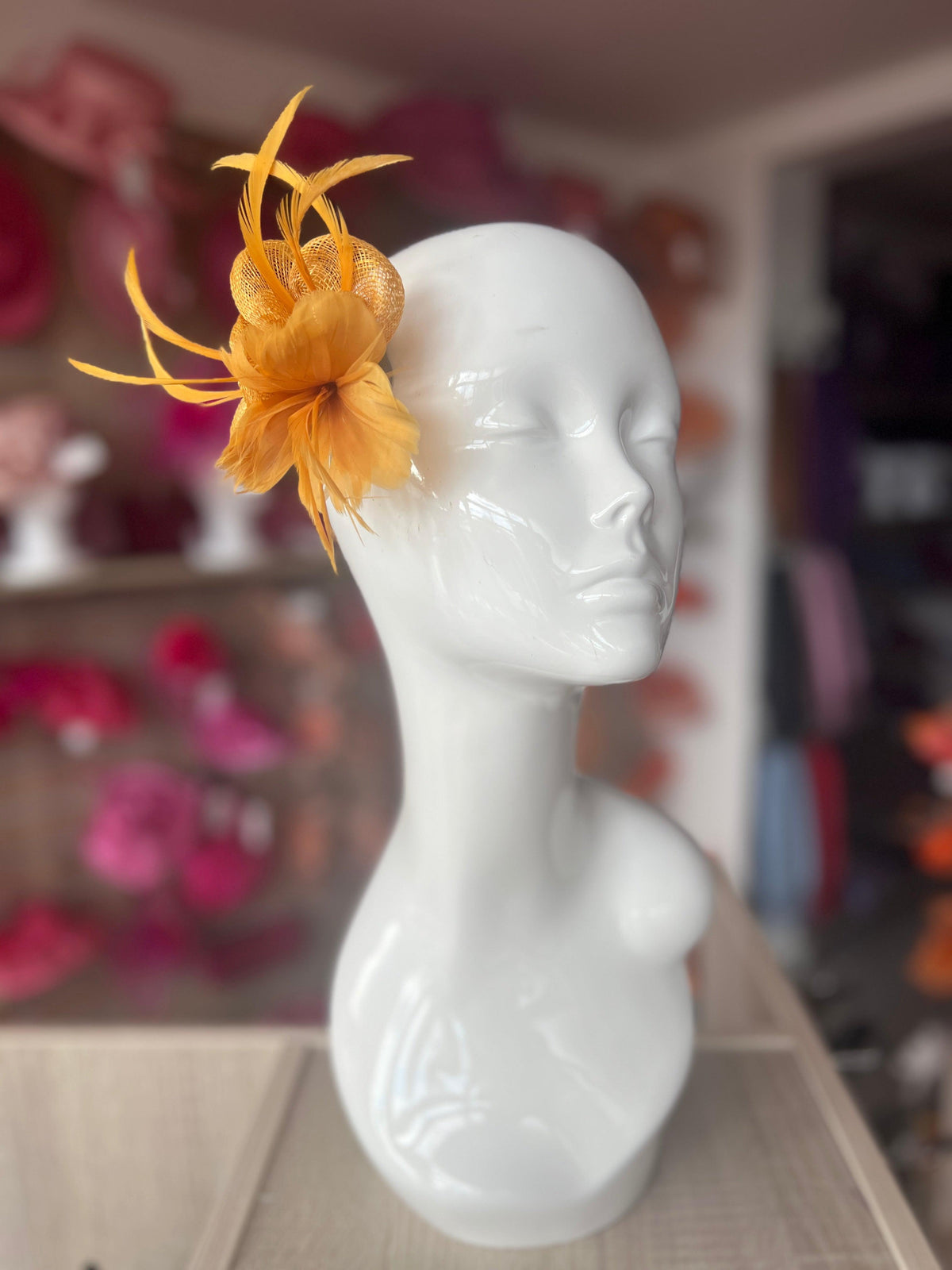 Small Mustard Fascinator Clip with Feathers &amp; Sinamay Petals-Fascinators Direct