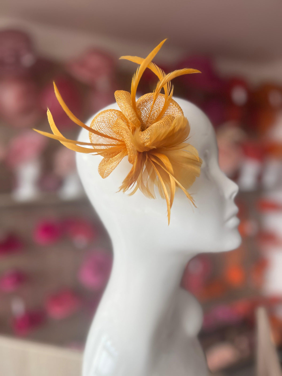 Small Mustard Fascinator Clip with Feathers &amp; Sinamay Petals-Fascinators Direct