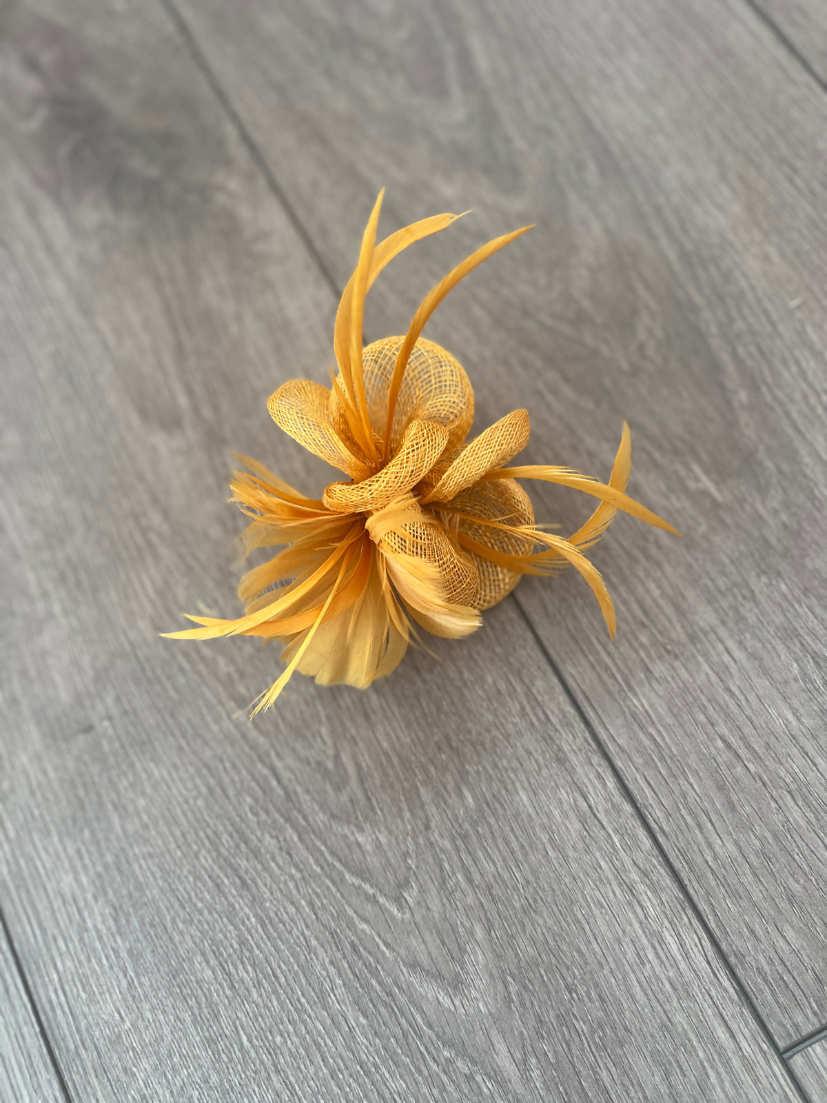 Small Mustard Fascinator Clip with Feathers &amp; Sinamay Petals-Fascinators Direct