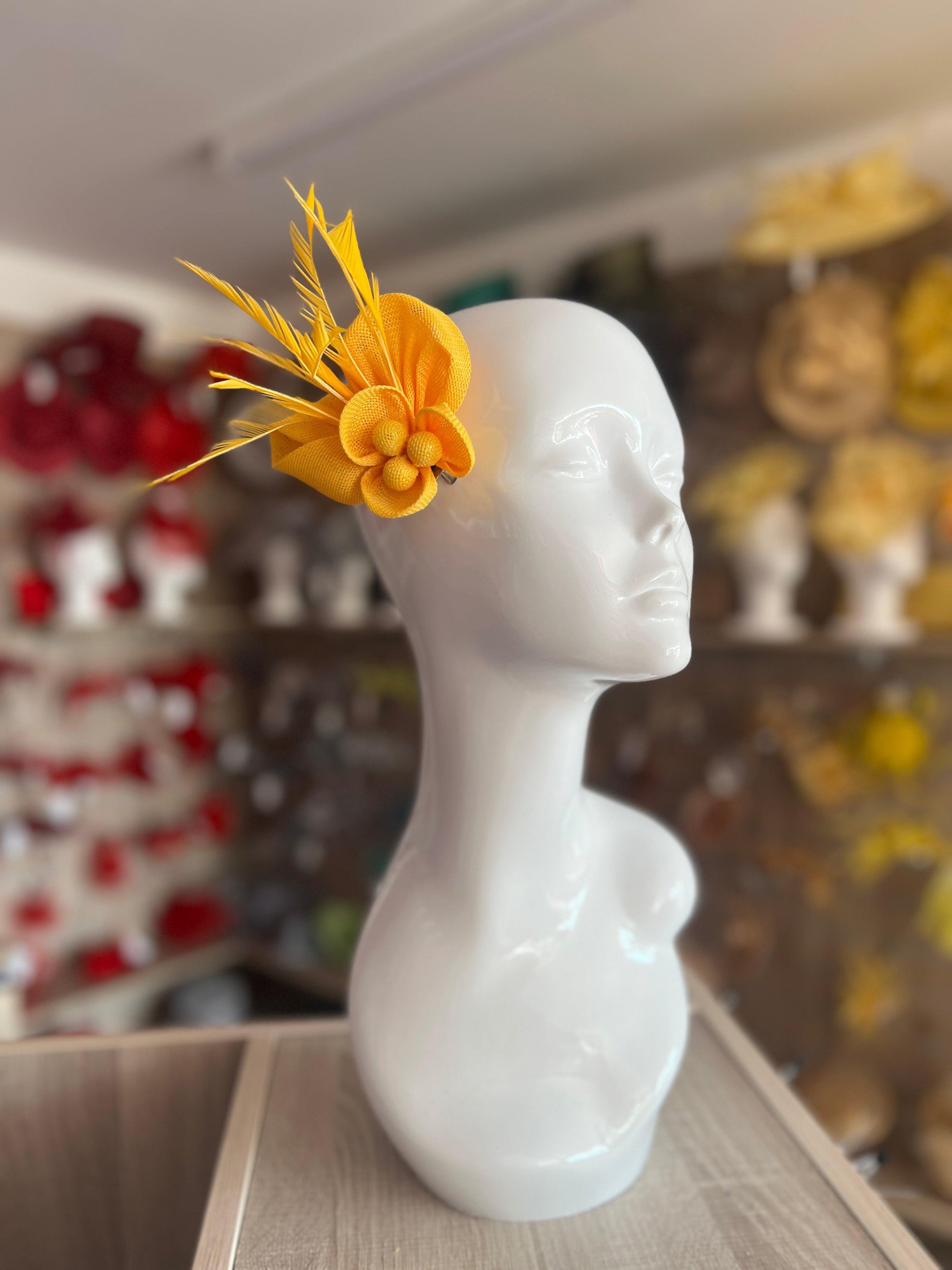Small Mustard Yellow Flower Fascinator Clip with Feathers-Fascinators Direct
