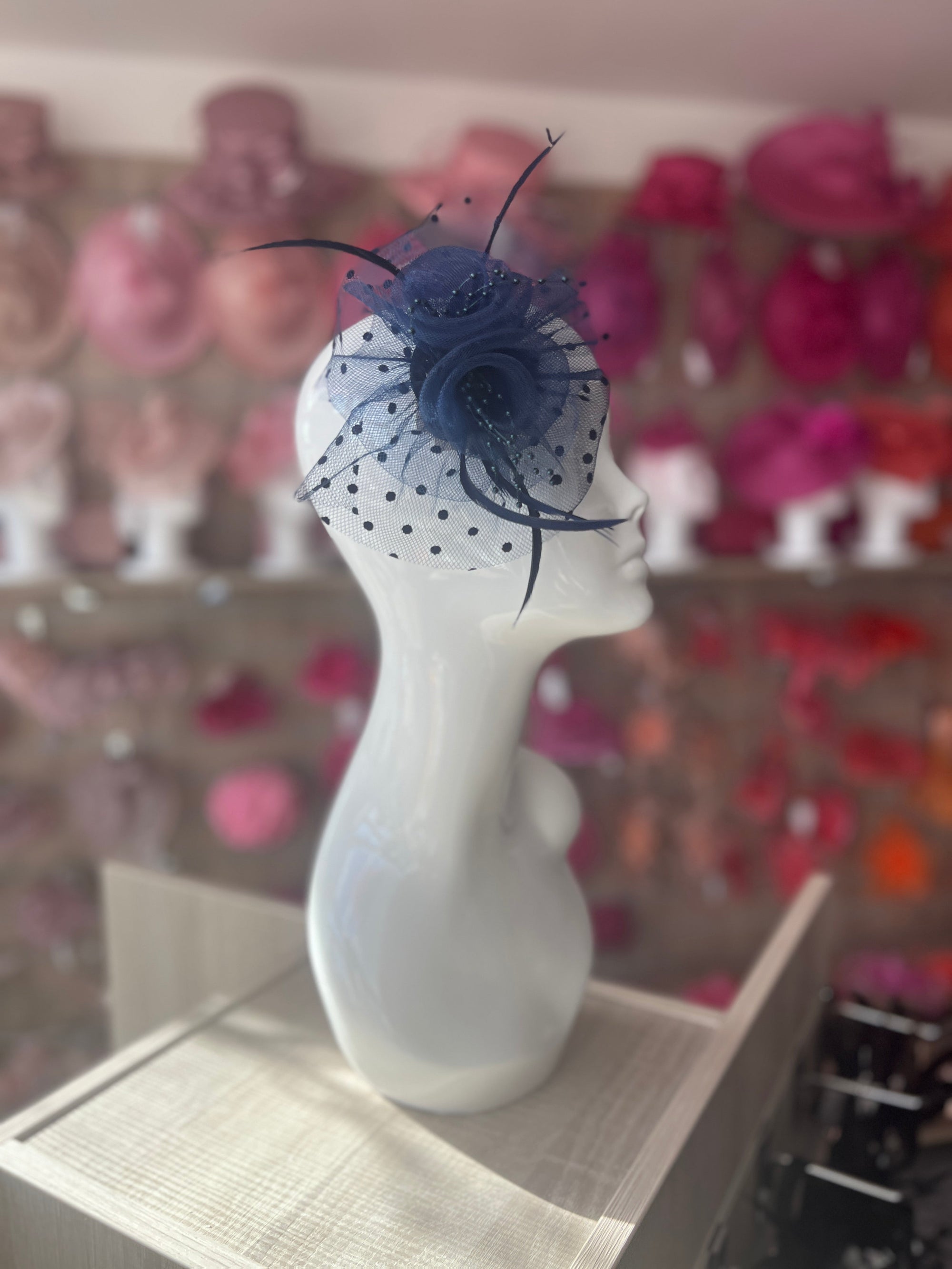 Small Navy Fascinator Clip With Poka Dots-Fascinators Direct