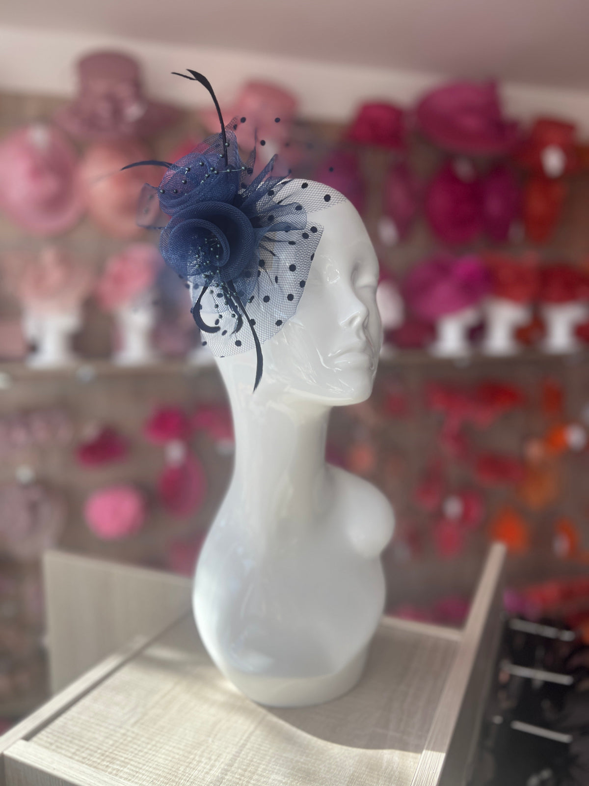 Small Navy Fascinator Clip With Poka Dots-Fascinators Direct
