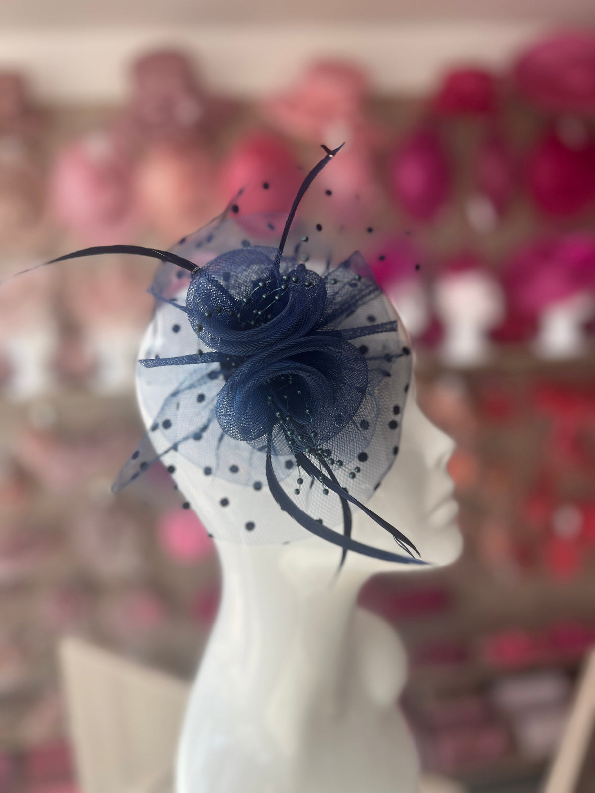 Small Navy Fascinator Clip With Poka Dots-Fascinators Direct