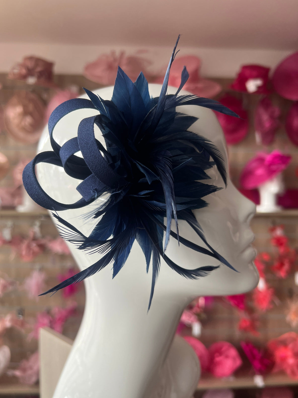 Small Navy Fascinator Clip with Feathers &amp; Satin Loops-Fascinators Direct