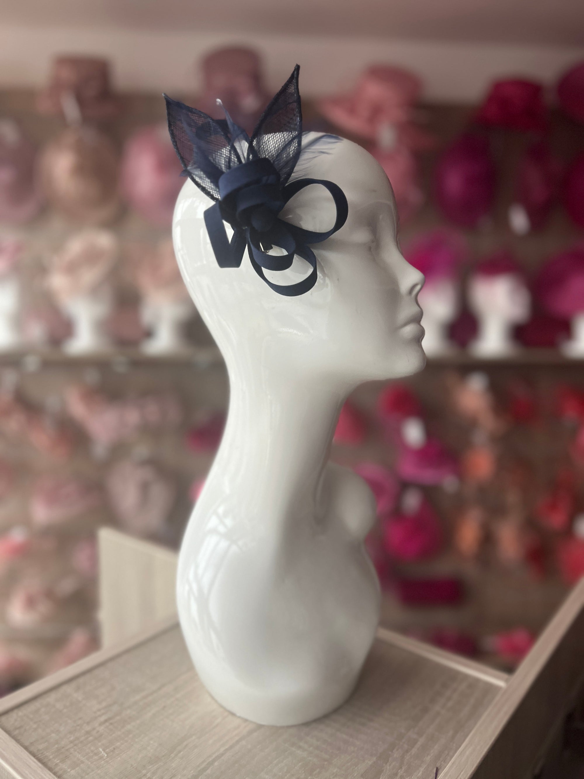 Small Navy Fascinator Clip with Feathers & Satin Loops-Fascinators Direct