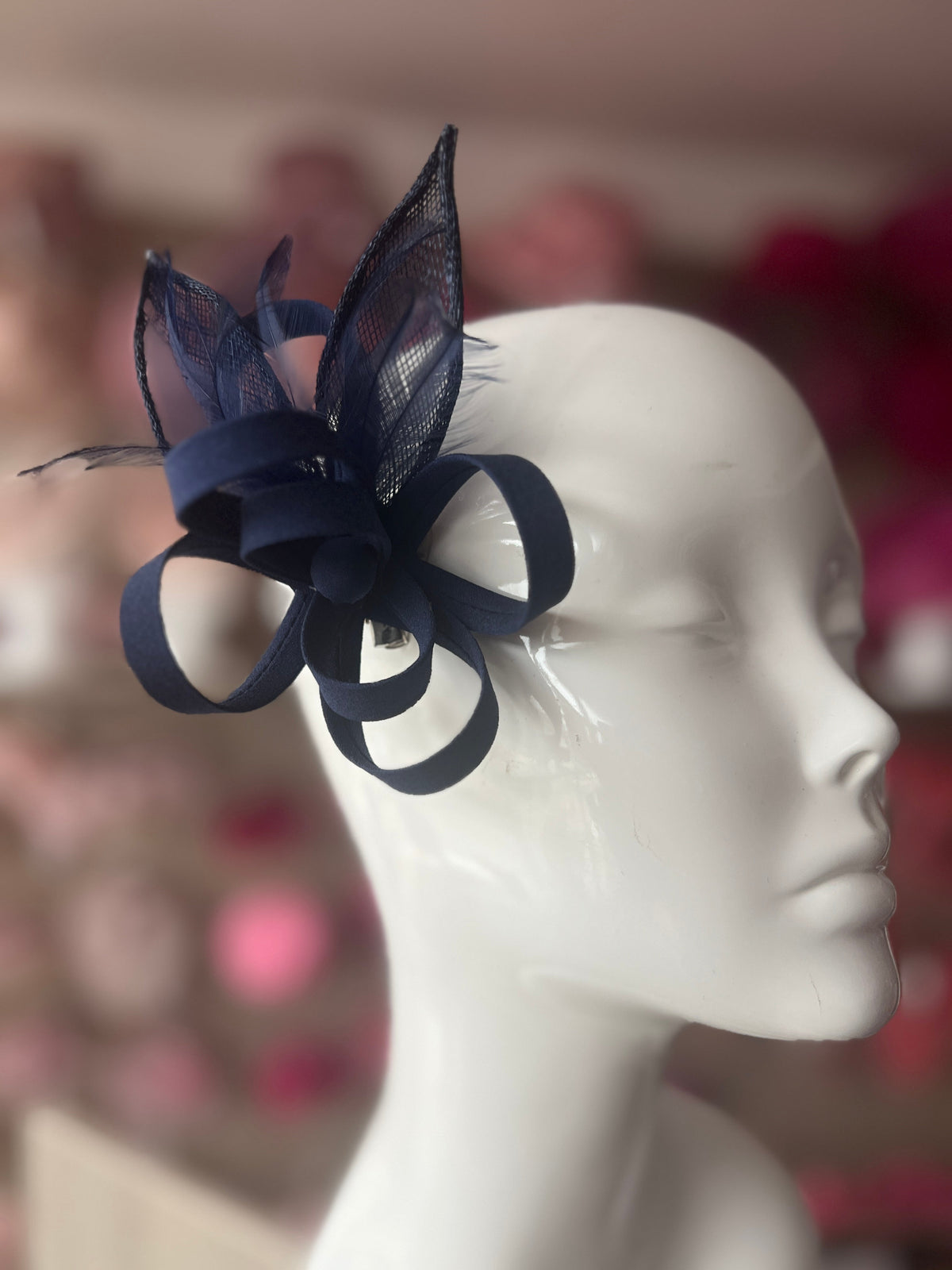 Small Navy Fascinator Clip with Feathers &amp; Satin Loops-Fascinators Direct