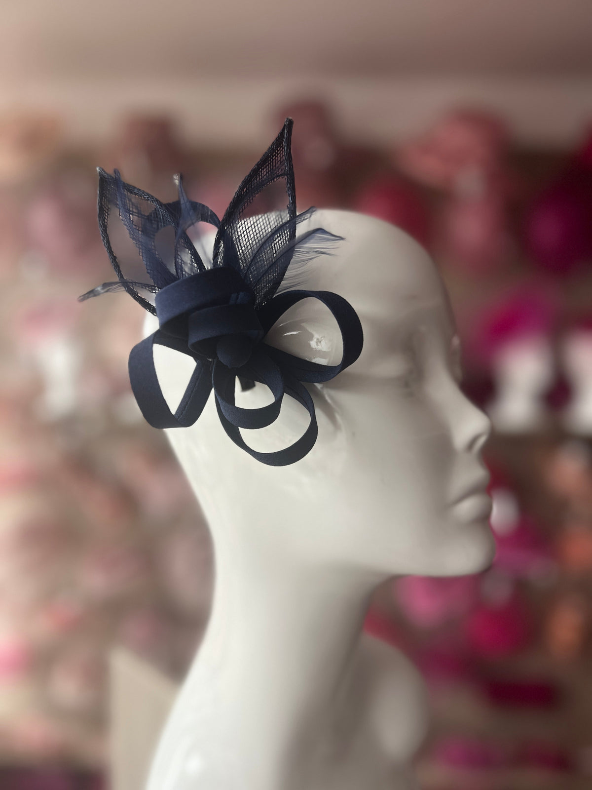 Small Navy Fascinator Clip with Feathers &amp; Satin Loops-Fascinators Direct