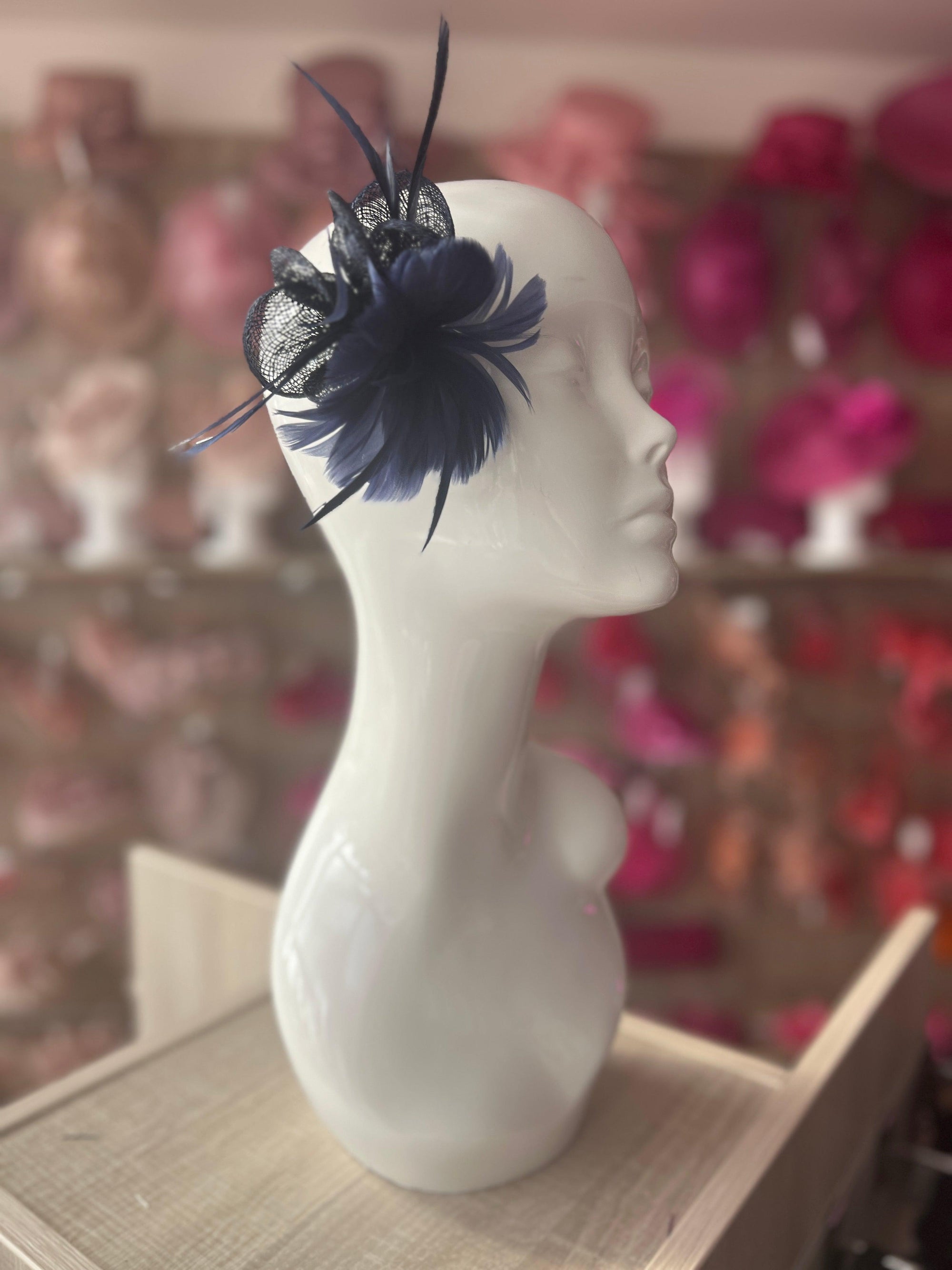 Small Navy Fascinator Clip with Feathers & Sinamay Petals-Fascinators Direct