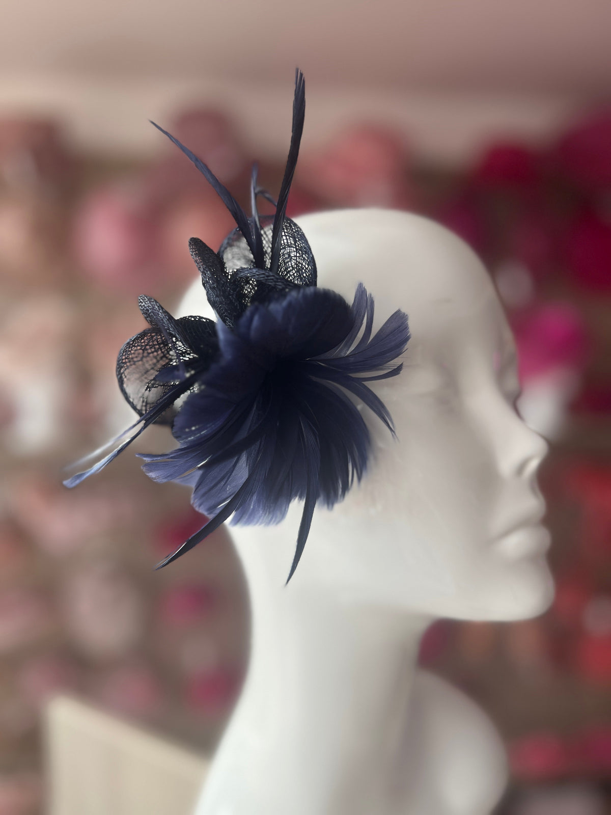 Small Navy Fascinator Clip with Feathers &amp; Sinamay Petals-Fascinators Direct