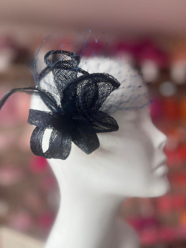 Small Navy Hair Clip Fascinator With Netting & Feathers