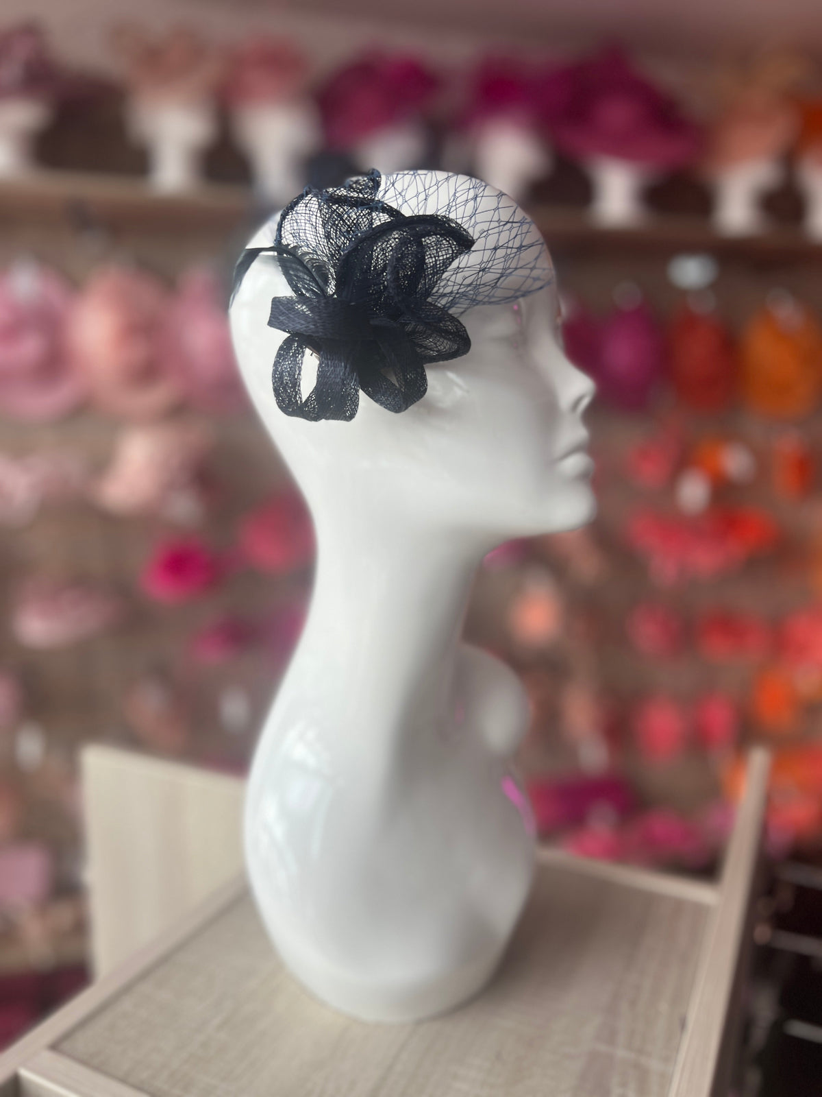 Small Navy Hair Clip Fascinator With Netting &amp; Feathers-Fascinators Direct