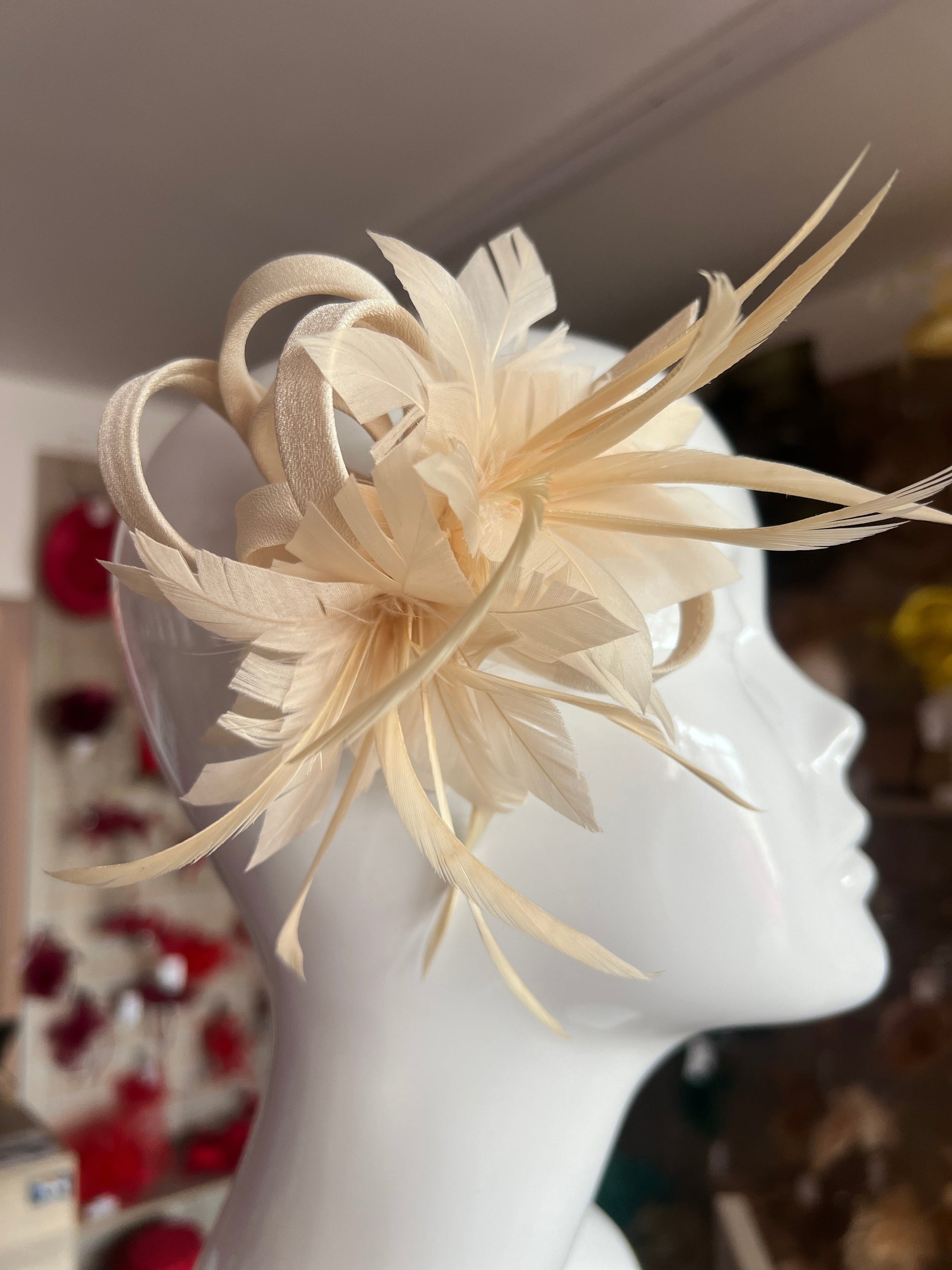 Small Nude Fascinator Clip with Feathers & Satin Loops-Fascinators Direct