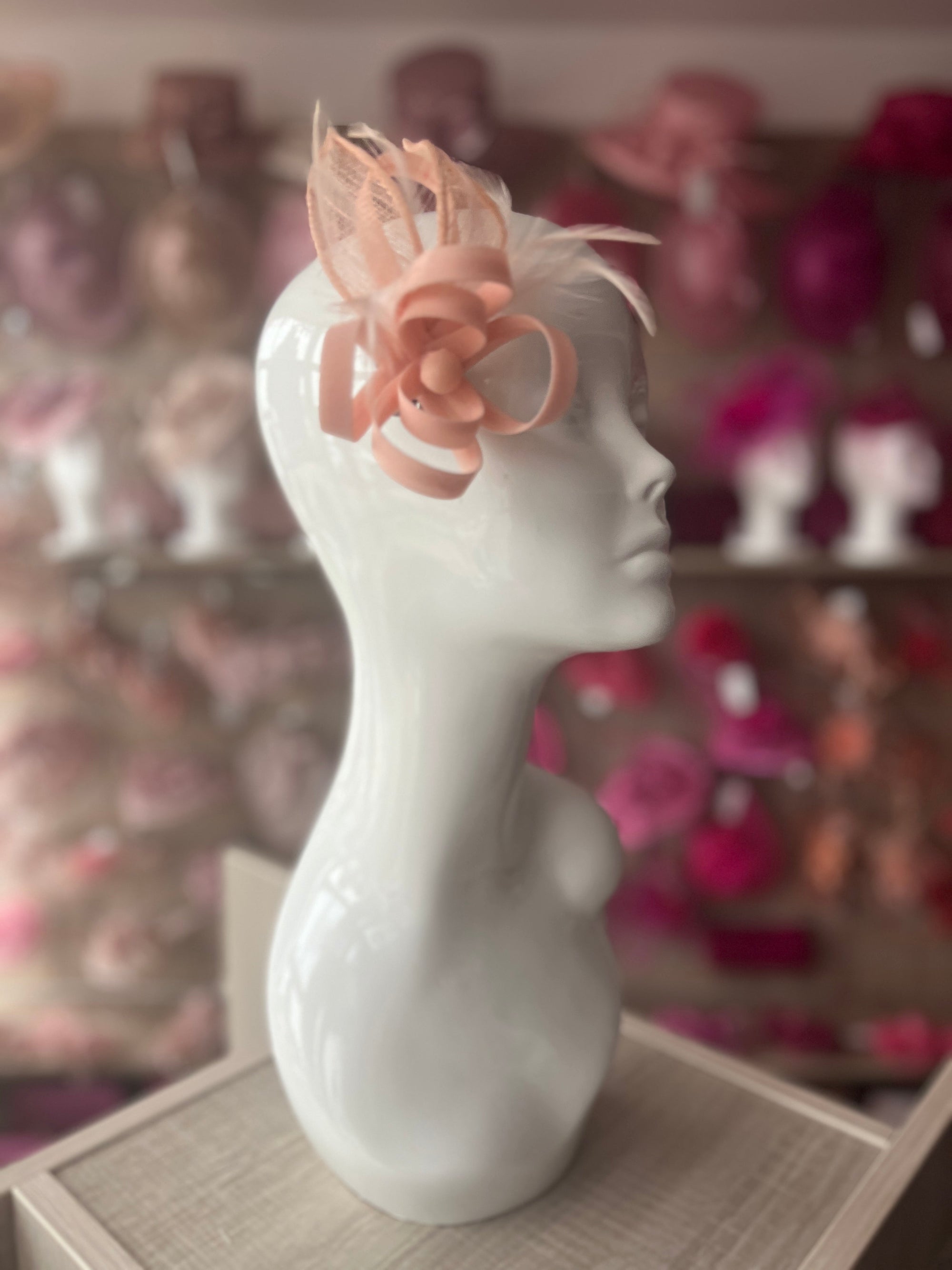 Small Nude Pink Fascinator Clip with Feathers & Satin Loops-Fascinators Direct