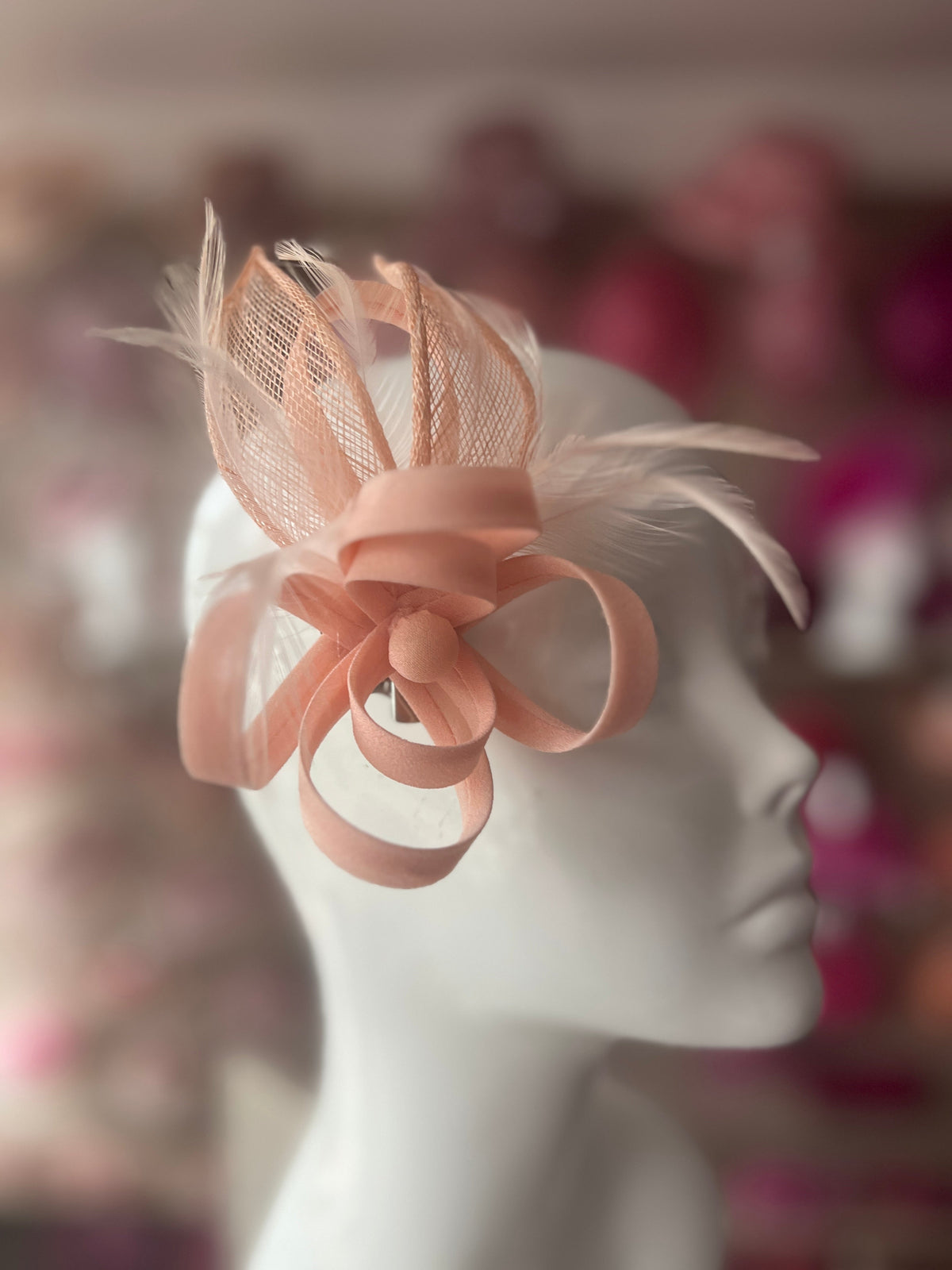 Small Nude Pink Fascinator Clip with Feathers &amp; Satin Loops-Fascinators Direct