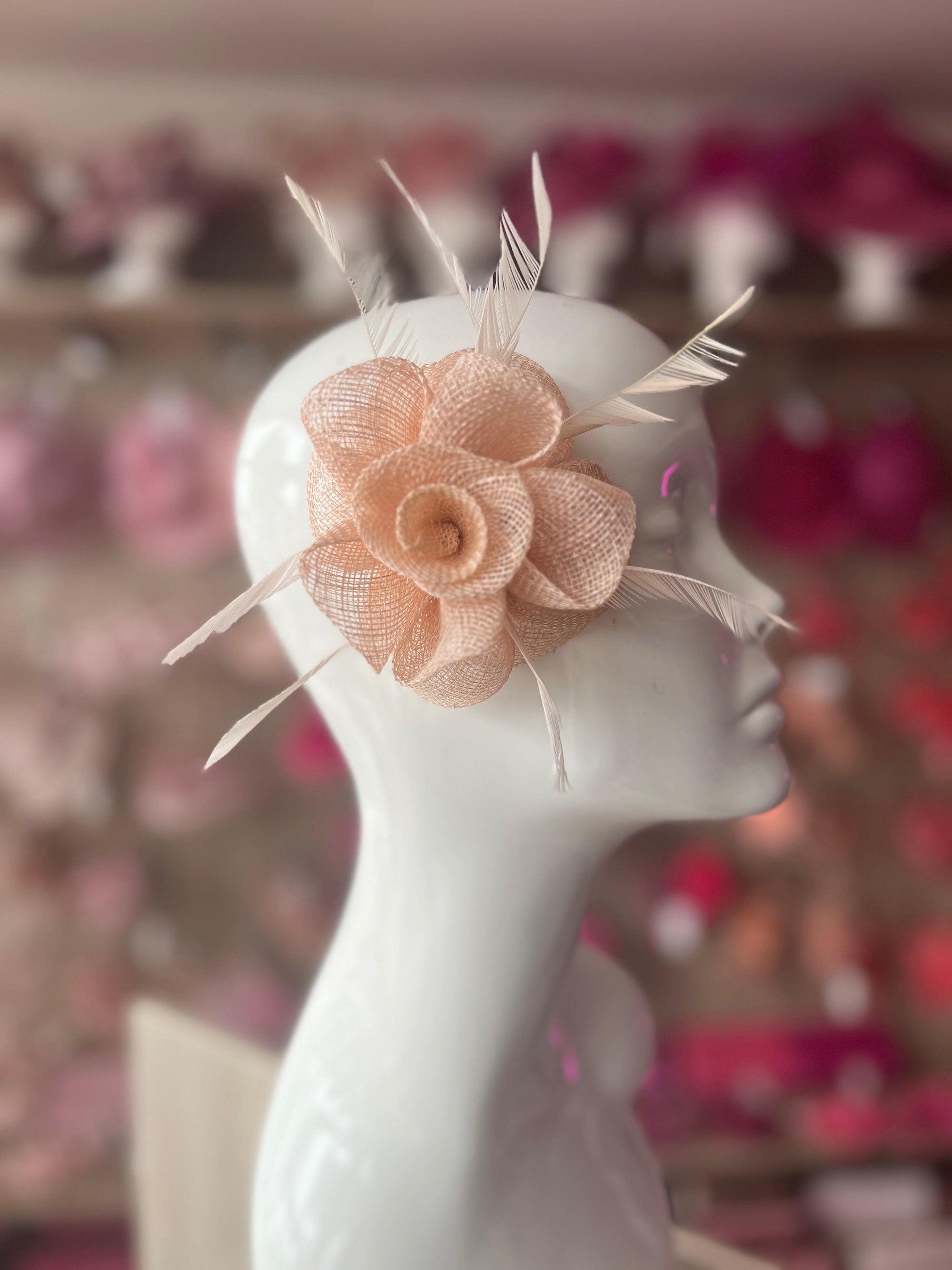 Small Nude Pink Flower Fascinator Hair Clip with Feathers-Fascinators Direct