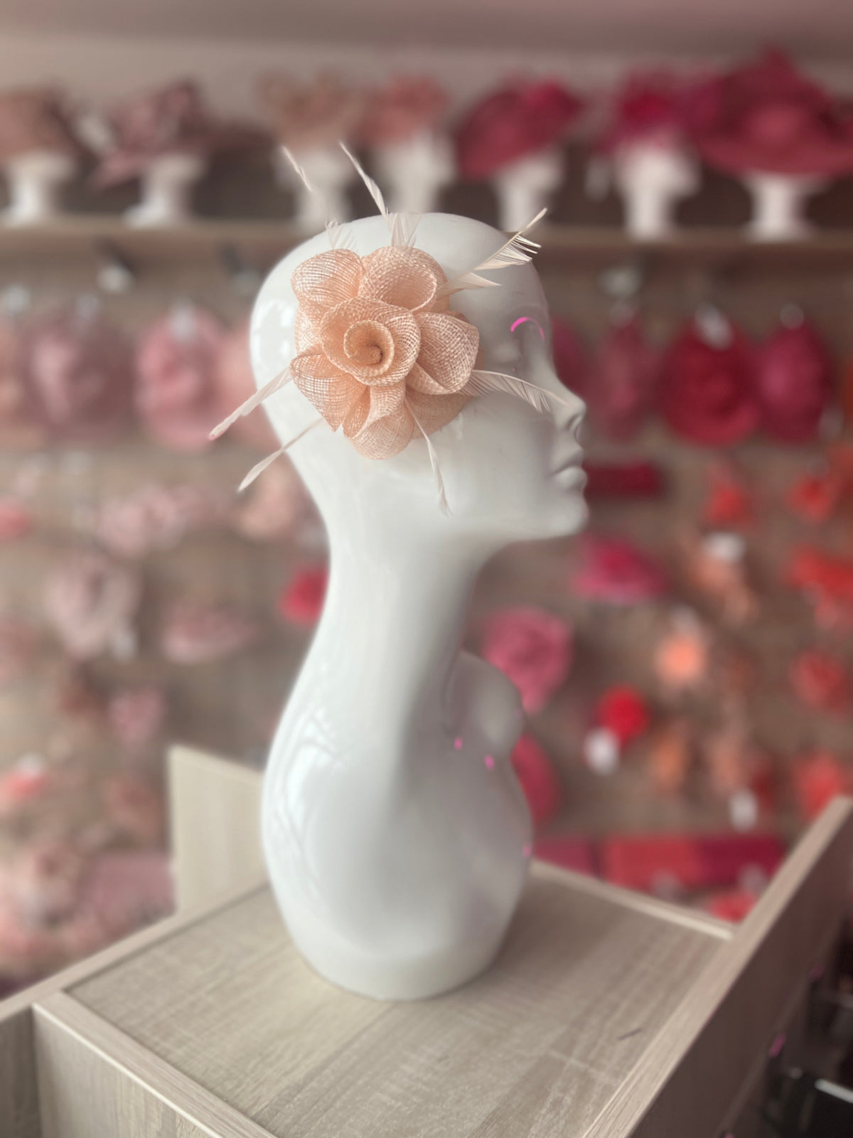 Small Nude Pink Flower Fascinator Hair Clip with Feathers-Fascinators Direct