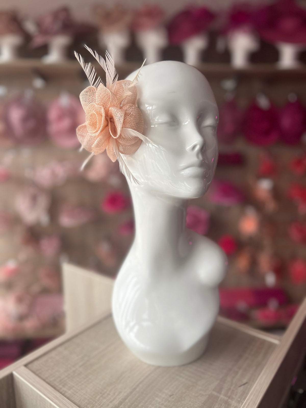 Small Nude Pink Flower Fascinator Hair Clip with Feathers-Fascinators Direct