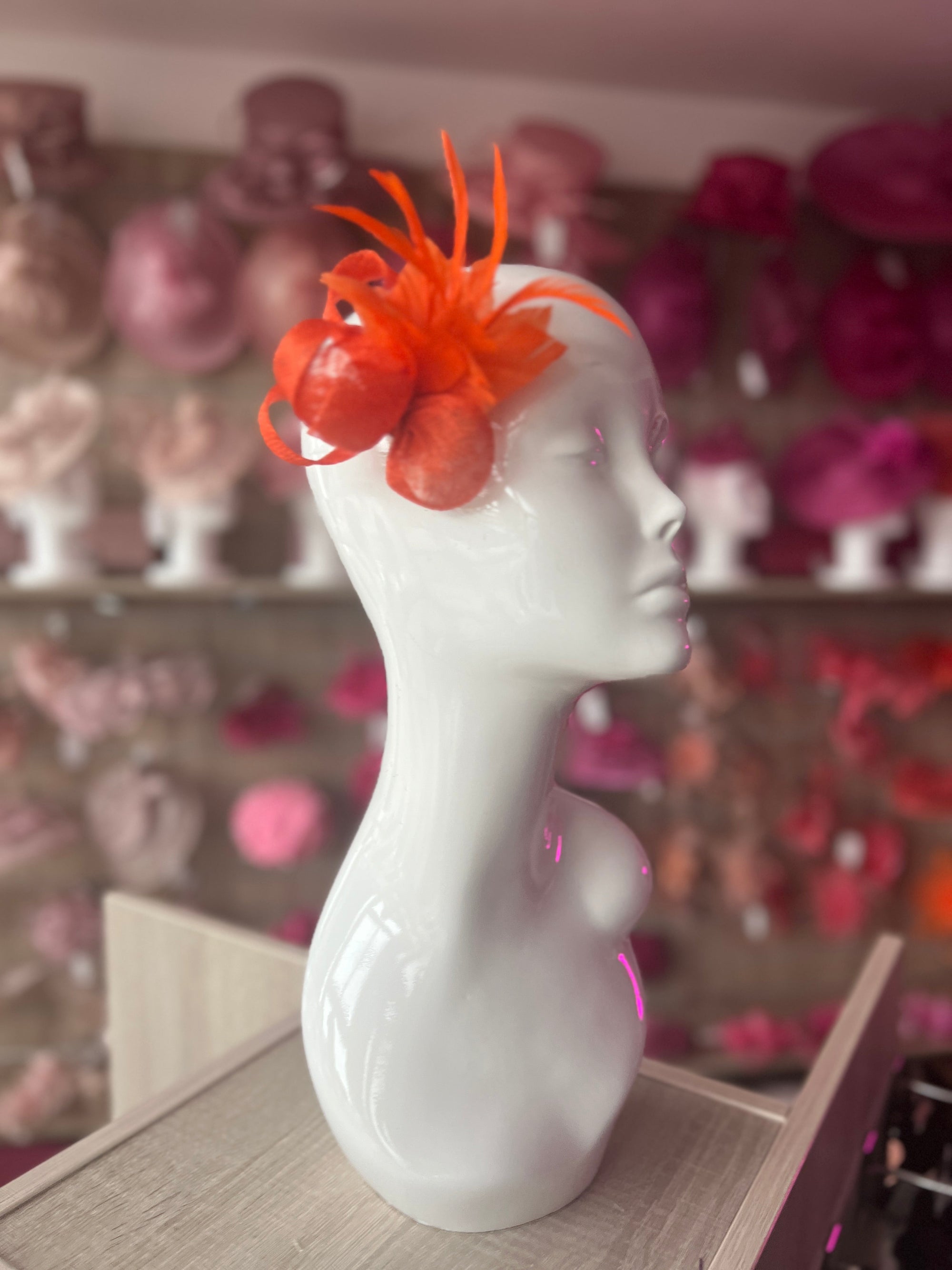 Small Orange Fascinator Clip with Feathers & Sinamay Leaves-Fascinators Direct