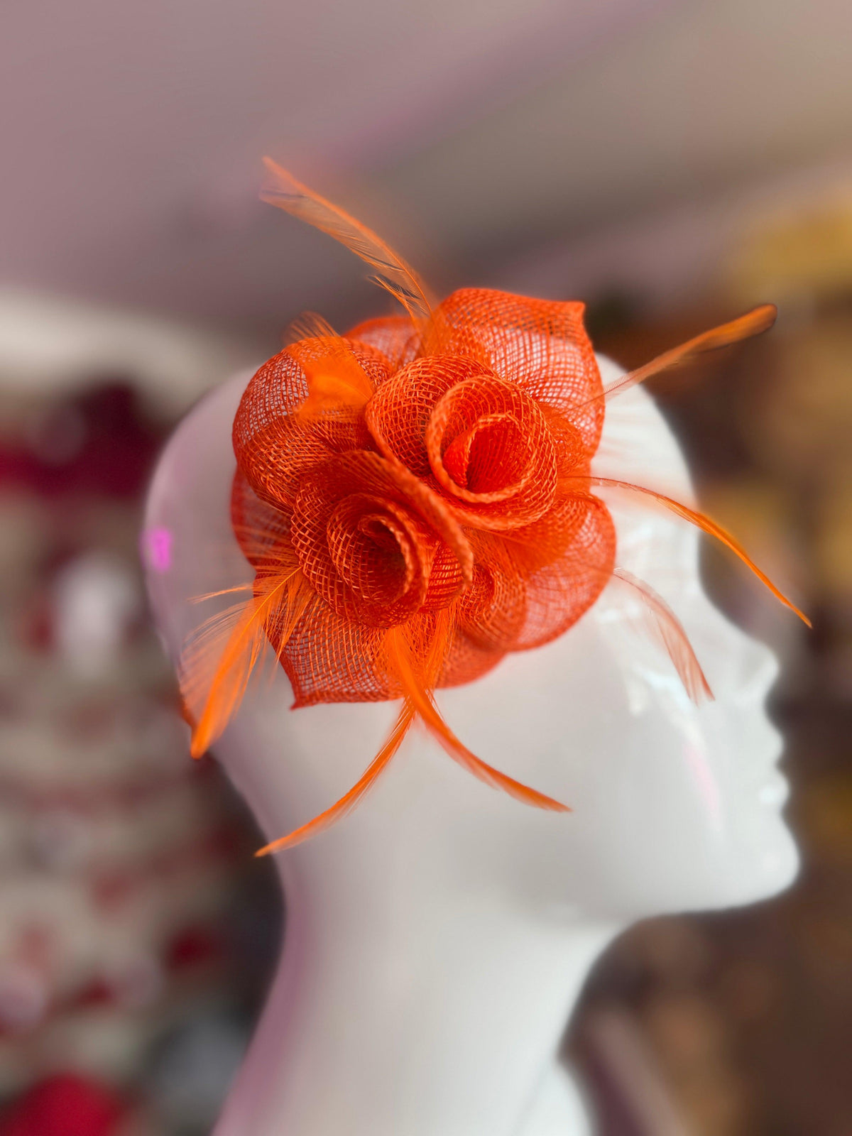 Small Orange Fascinator Hair Clip with Wispy Feathers-Fascinators Direct