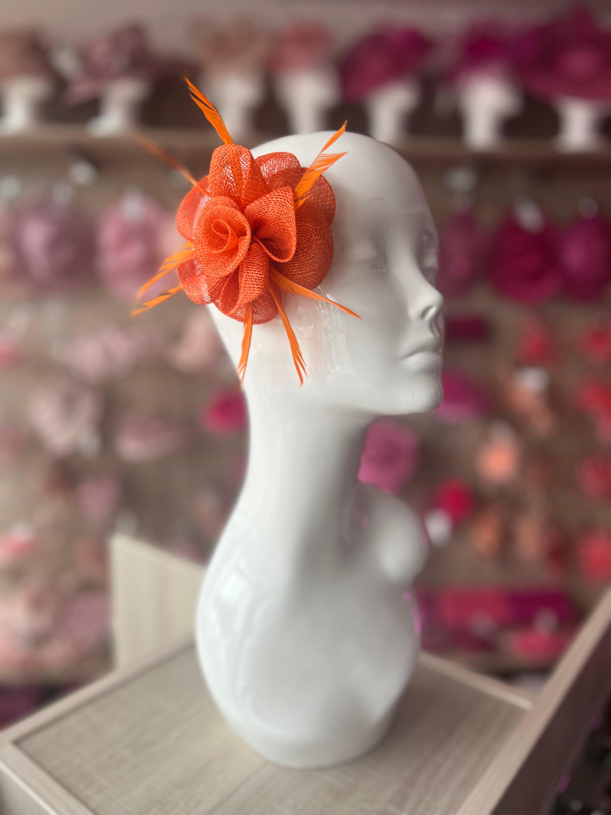 Small Orange Flower Fascinator Hair Clip with Feathers-Fascinators Direct