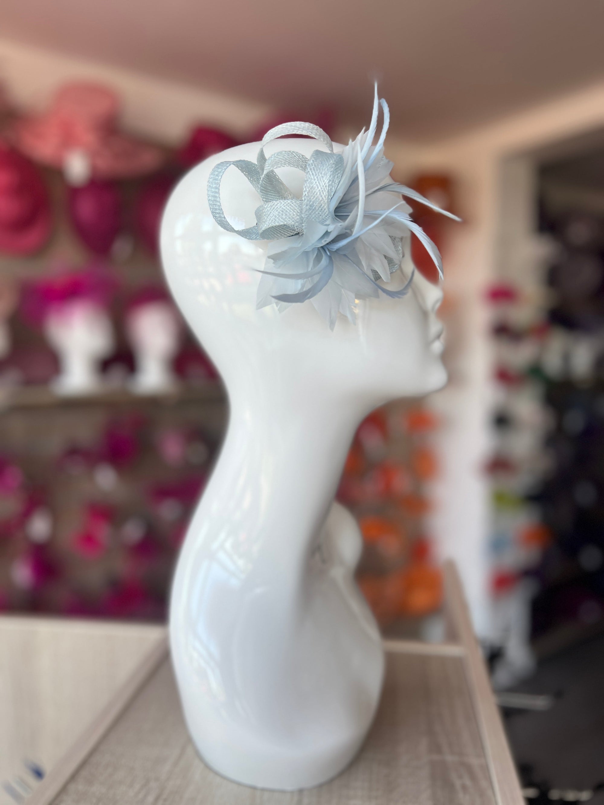 Small Pale Blue Fascinator Clip with Feathers & Loops-Fascinators Direct