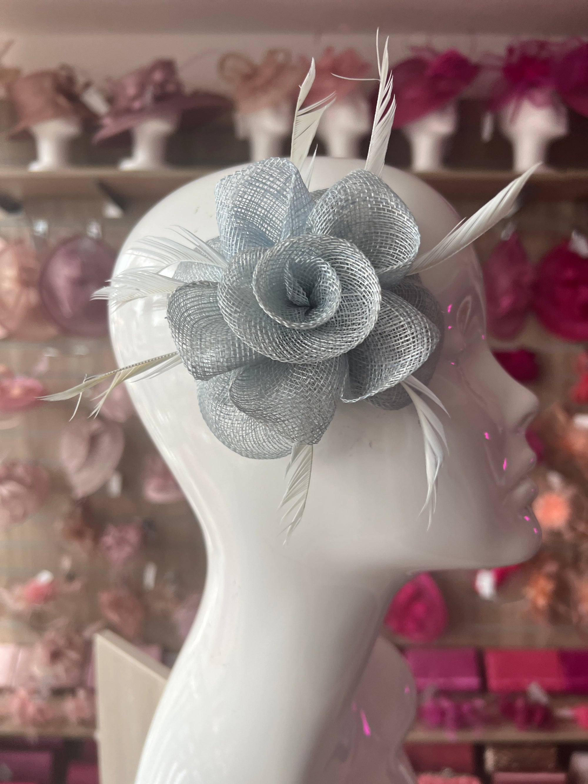 Small Pale Blue Flower Fascinator Hair Clip with Feathers-Fascinators Direct