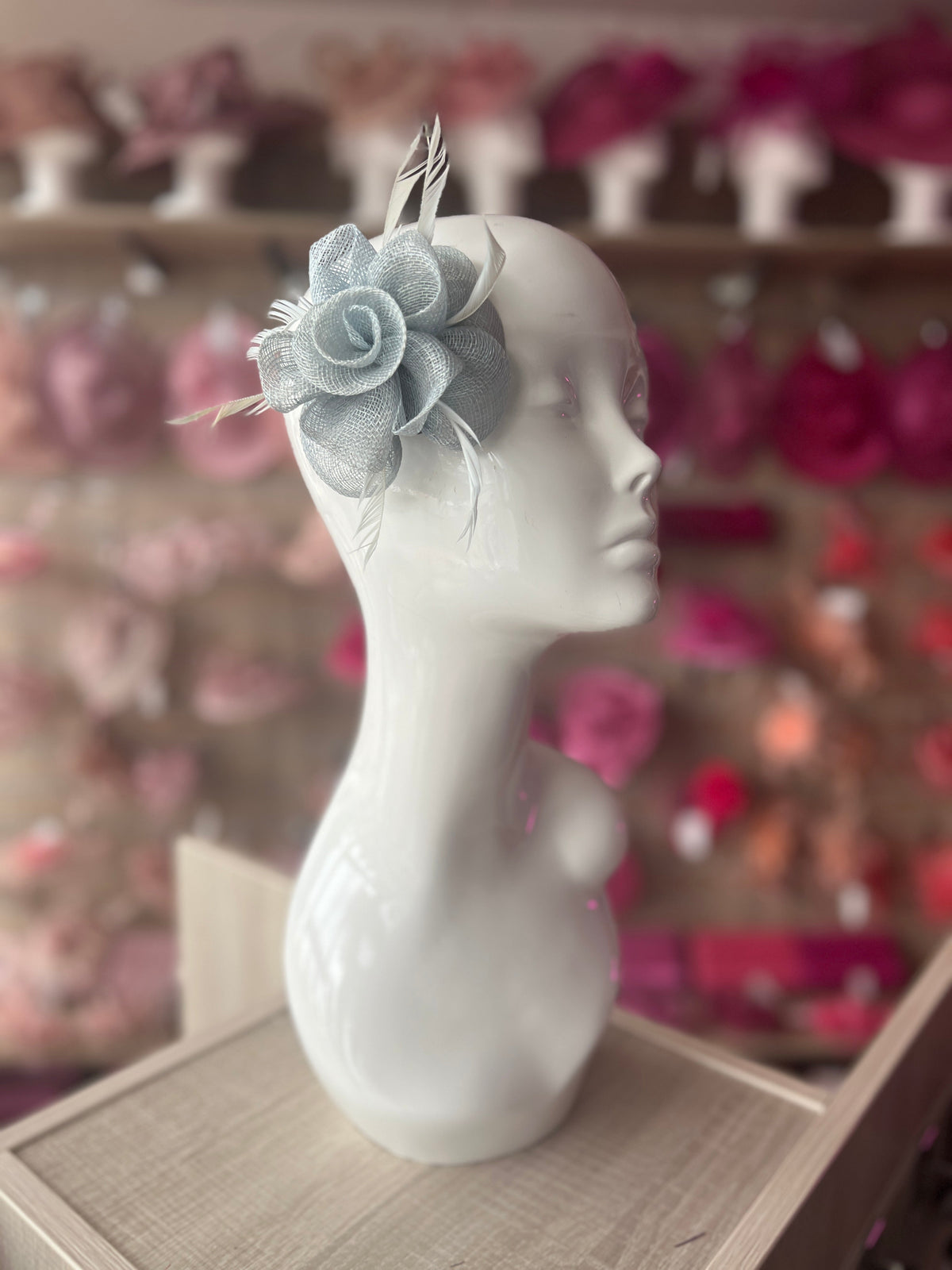 Small Pale Blue Flower Fascinator Hair Clip with Feathers-Fascinators Direct