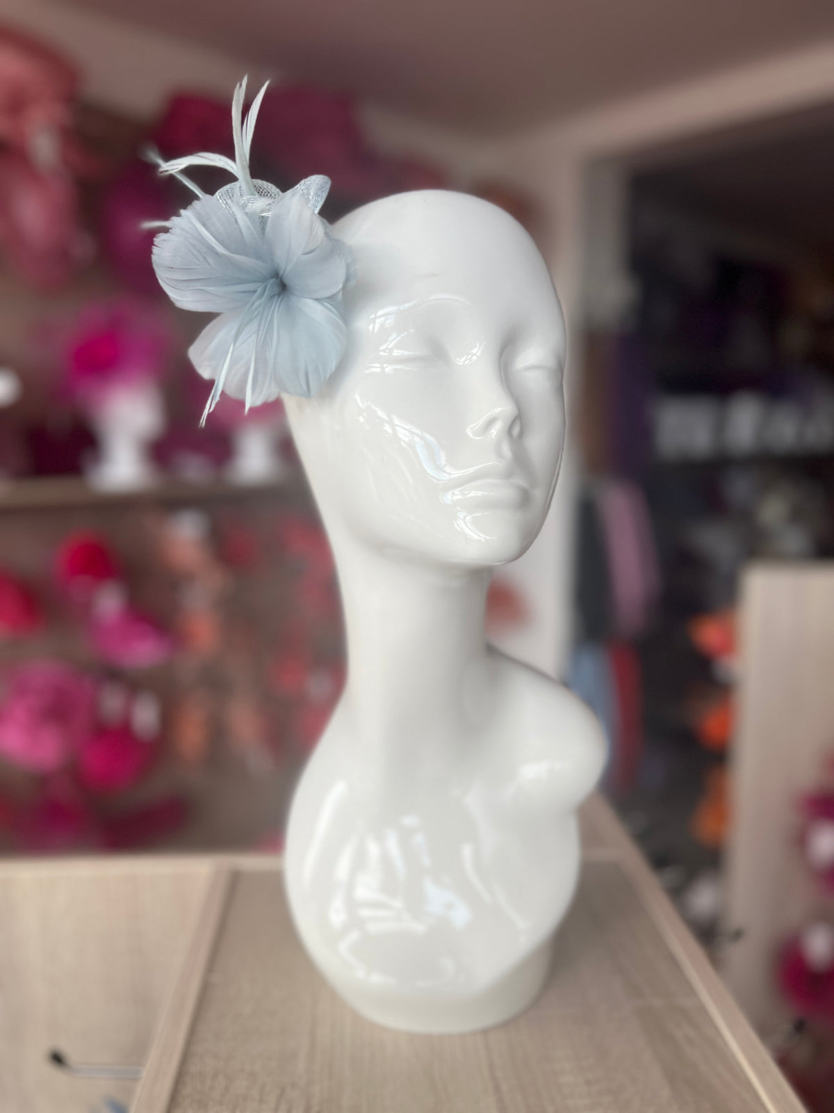 Small Pastel Blue Fascinator Clip with Feathers &amp; Sinamay Petals-Fascinators Direct