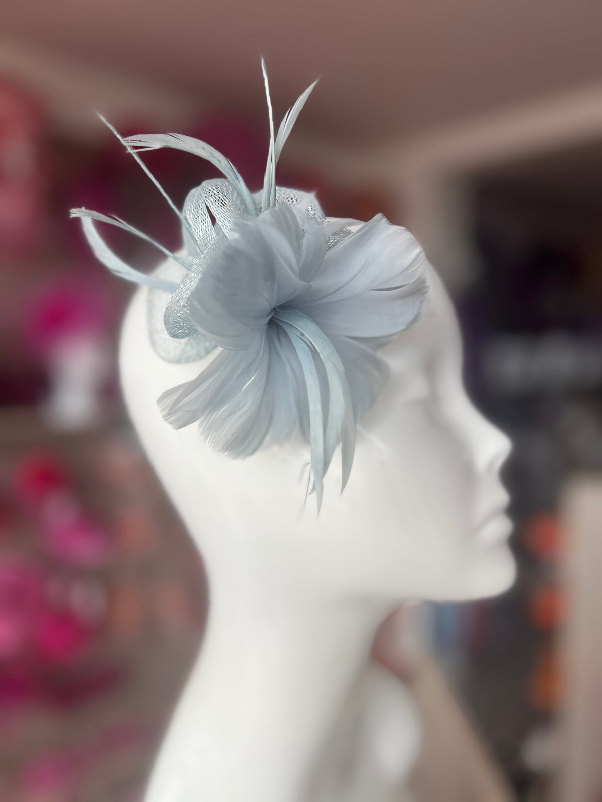 Small Pastel Blue Fascinator Clip with Feathers &amp; Sinamay Petals-Fascinators Direct