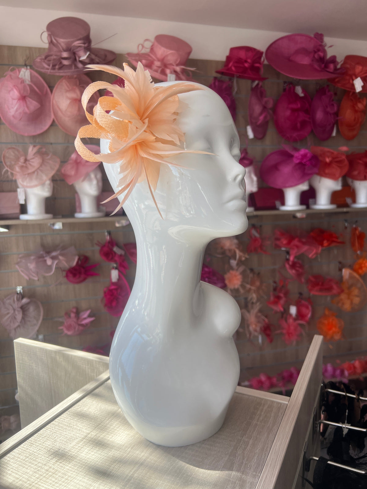 Small Peach Fascinator Clip with Feathers &amp; Sinamay Loops-Fascinators Direct