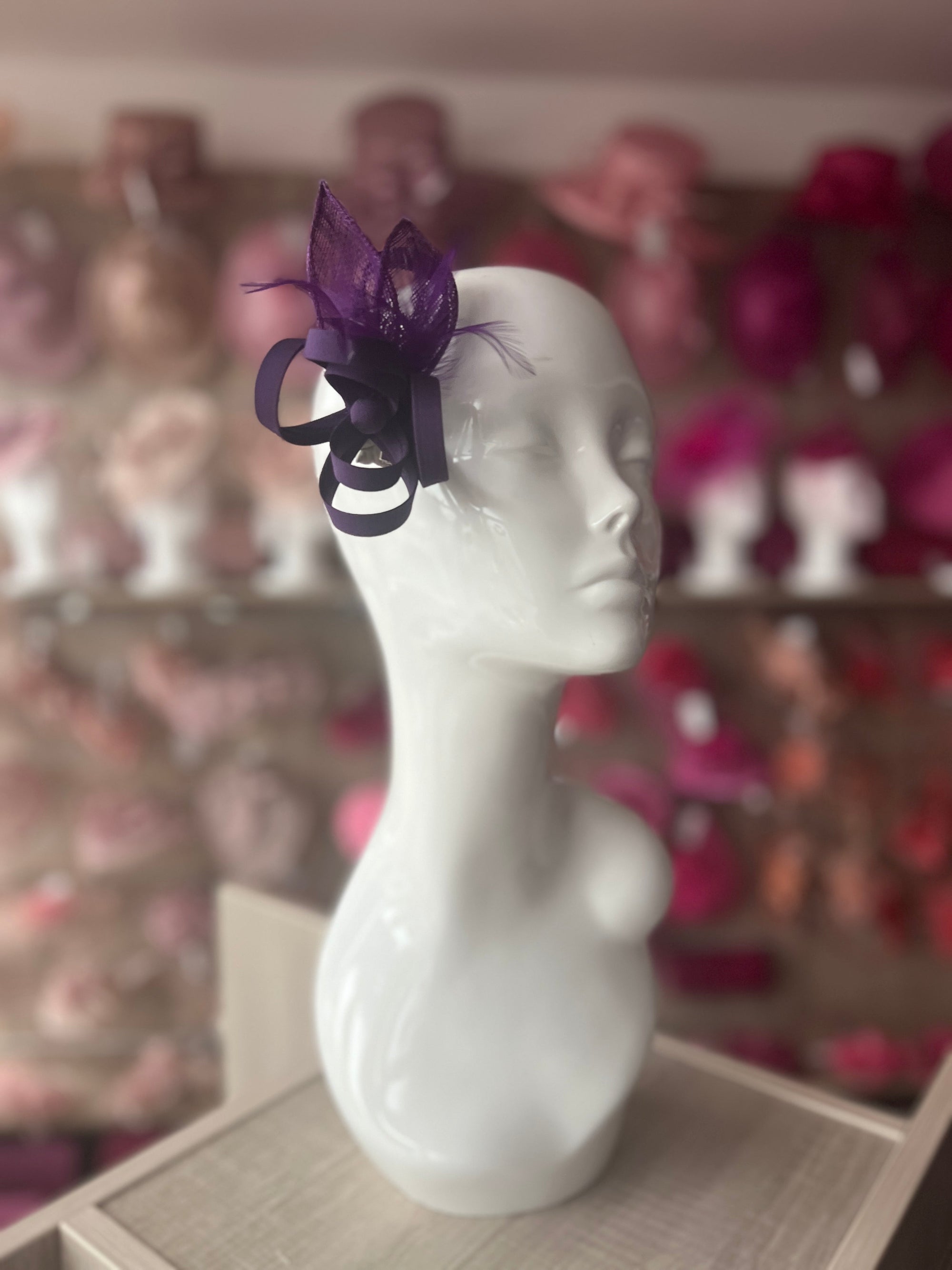 Small Purple Fascinator Clip with Feathers & Satin Loops-Fascinators Direct