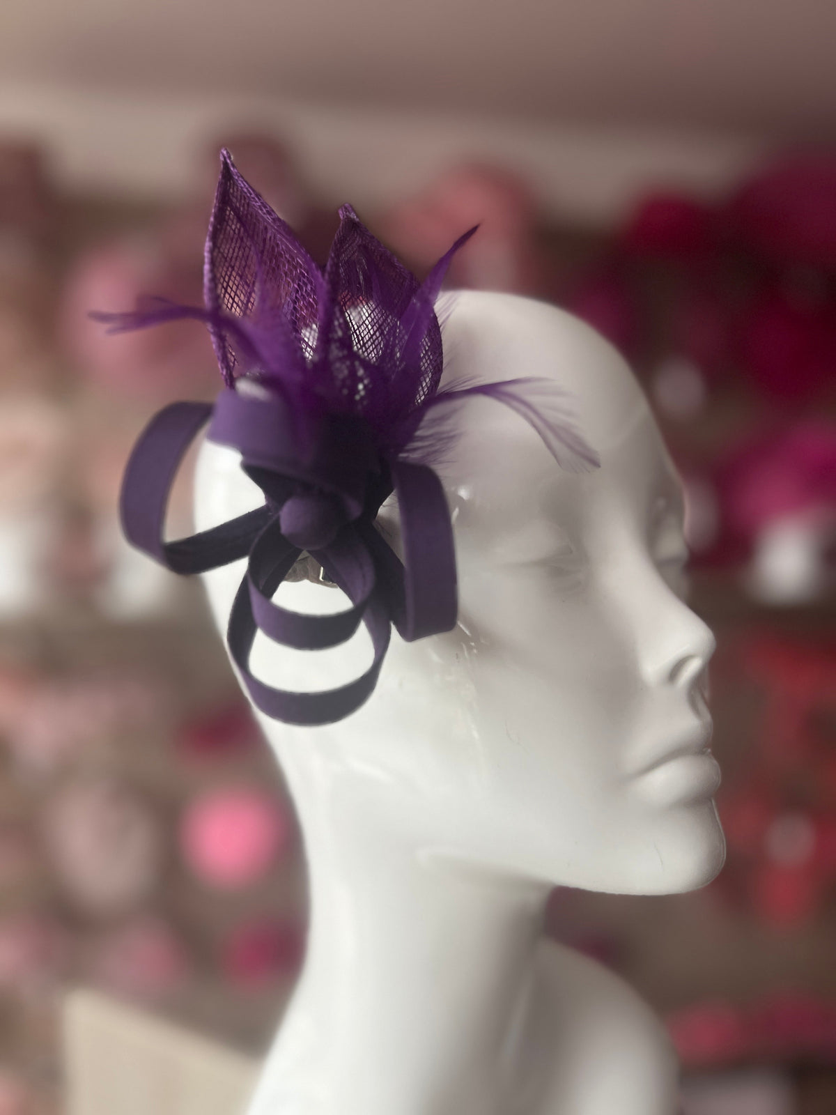 Small Purple Fascinator Clip with Feathers &amp; Satin Loops-Fascinators Direct