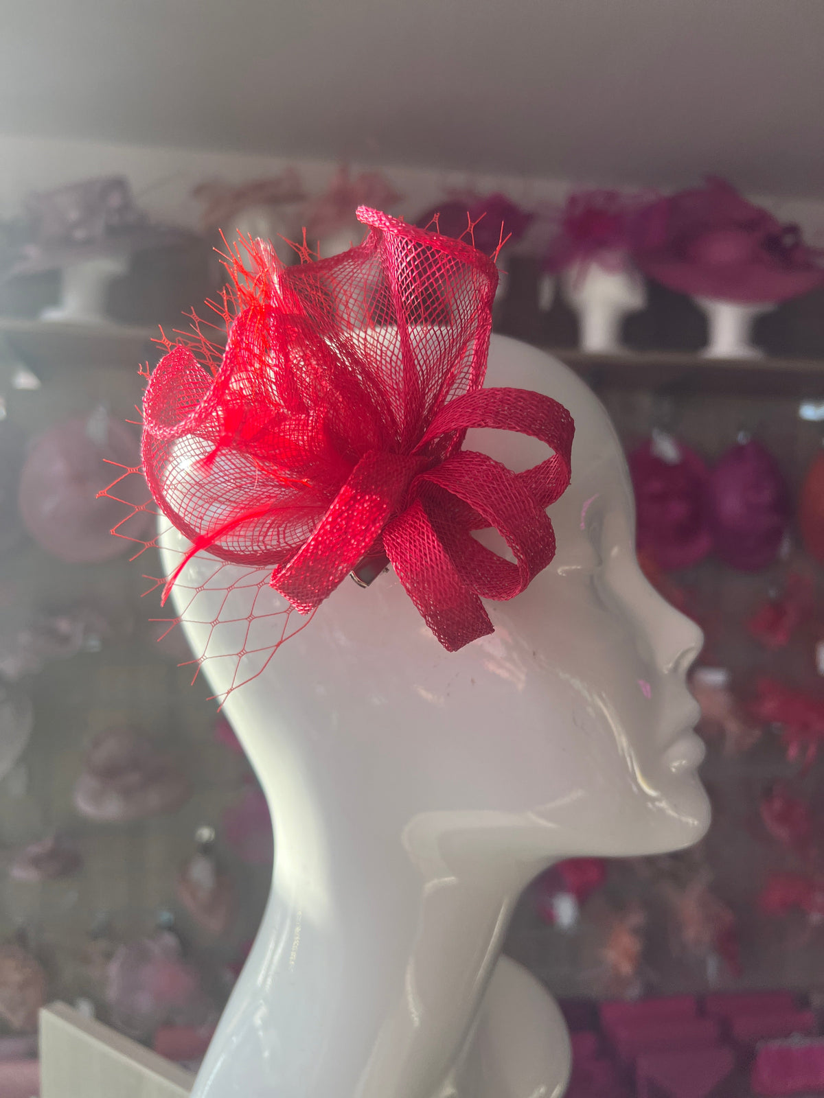 Small Raspberry Hair Clip Fascinator With Netting &amp; Feathers-Fascinators Direct
