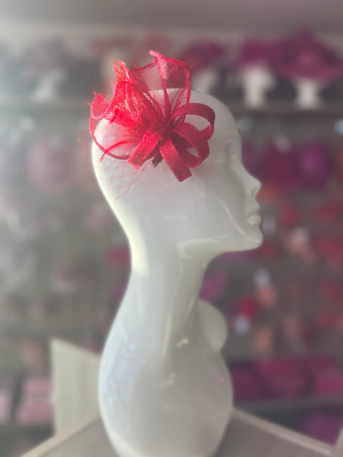 Small Raspberry Hair Clip Fascinator With Netting &amp; Feathers-Fascinators Direct