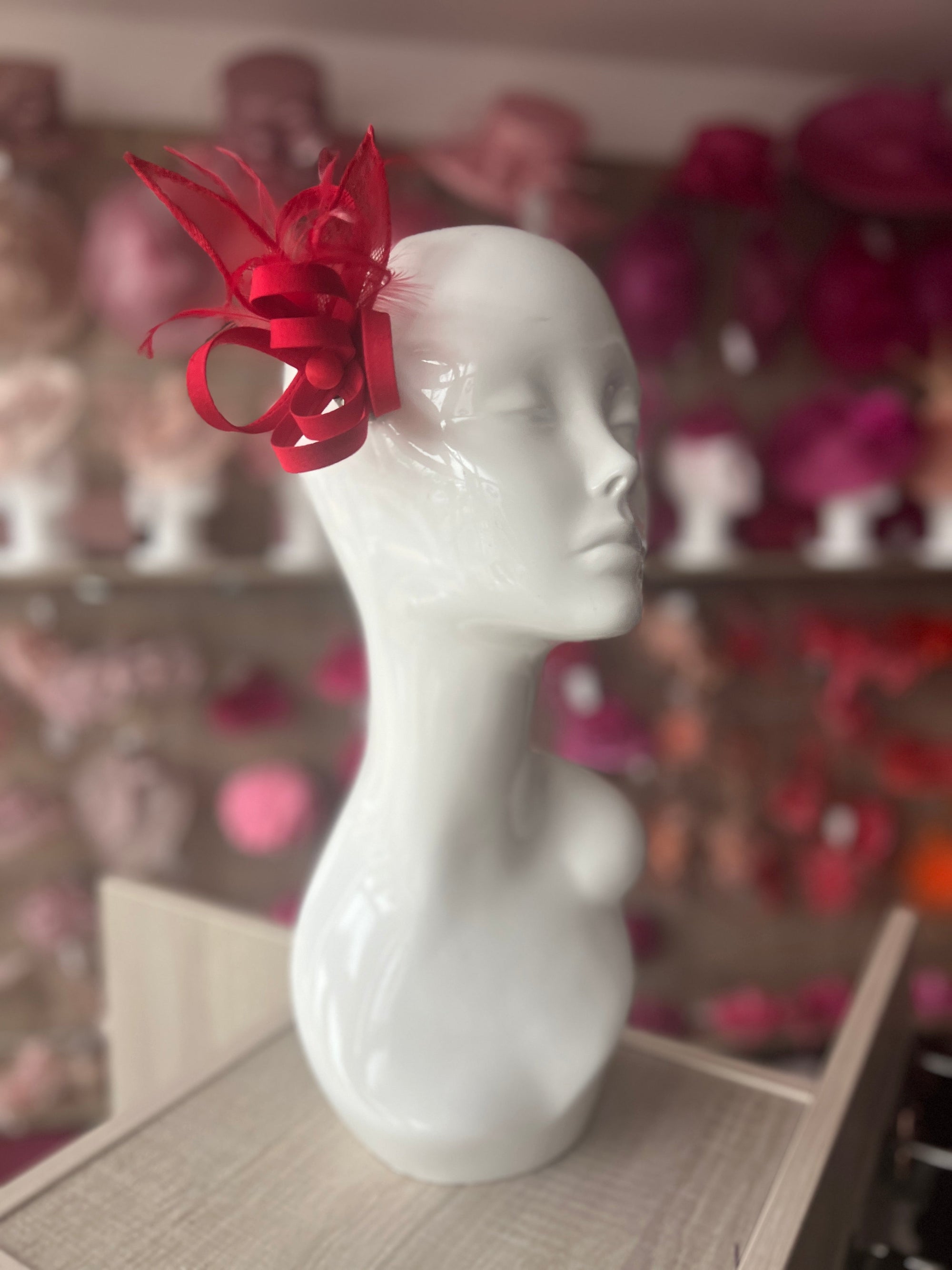 Small Red Fascinator Clip with Feathers & Satin Loops-Fascinators Direct