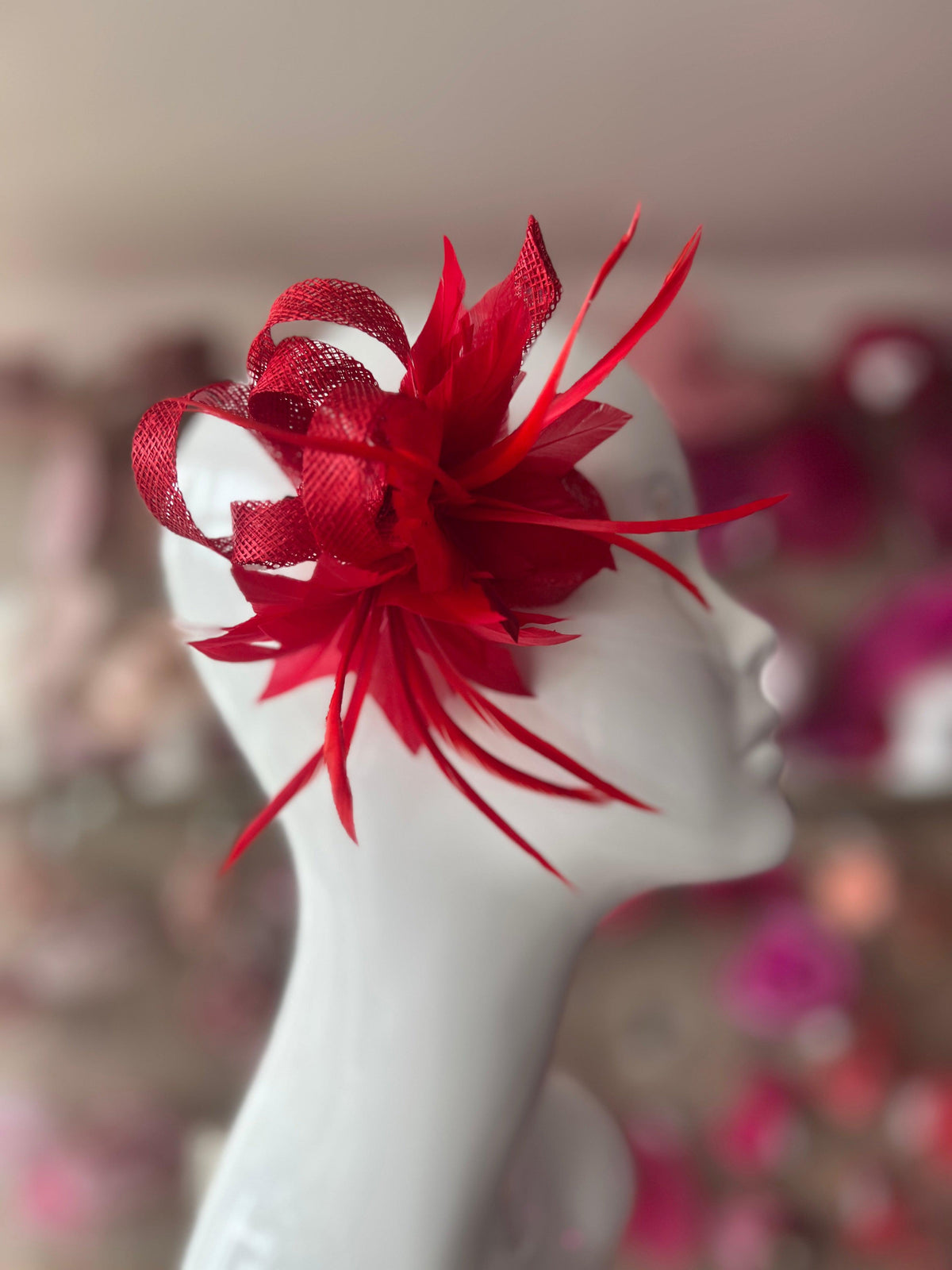Small Red Fascinator Clip with Feathers &amp; Sinamay Loops-Fascinators Direct
