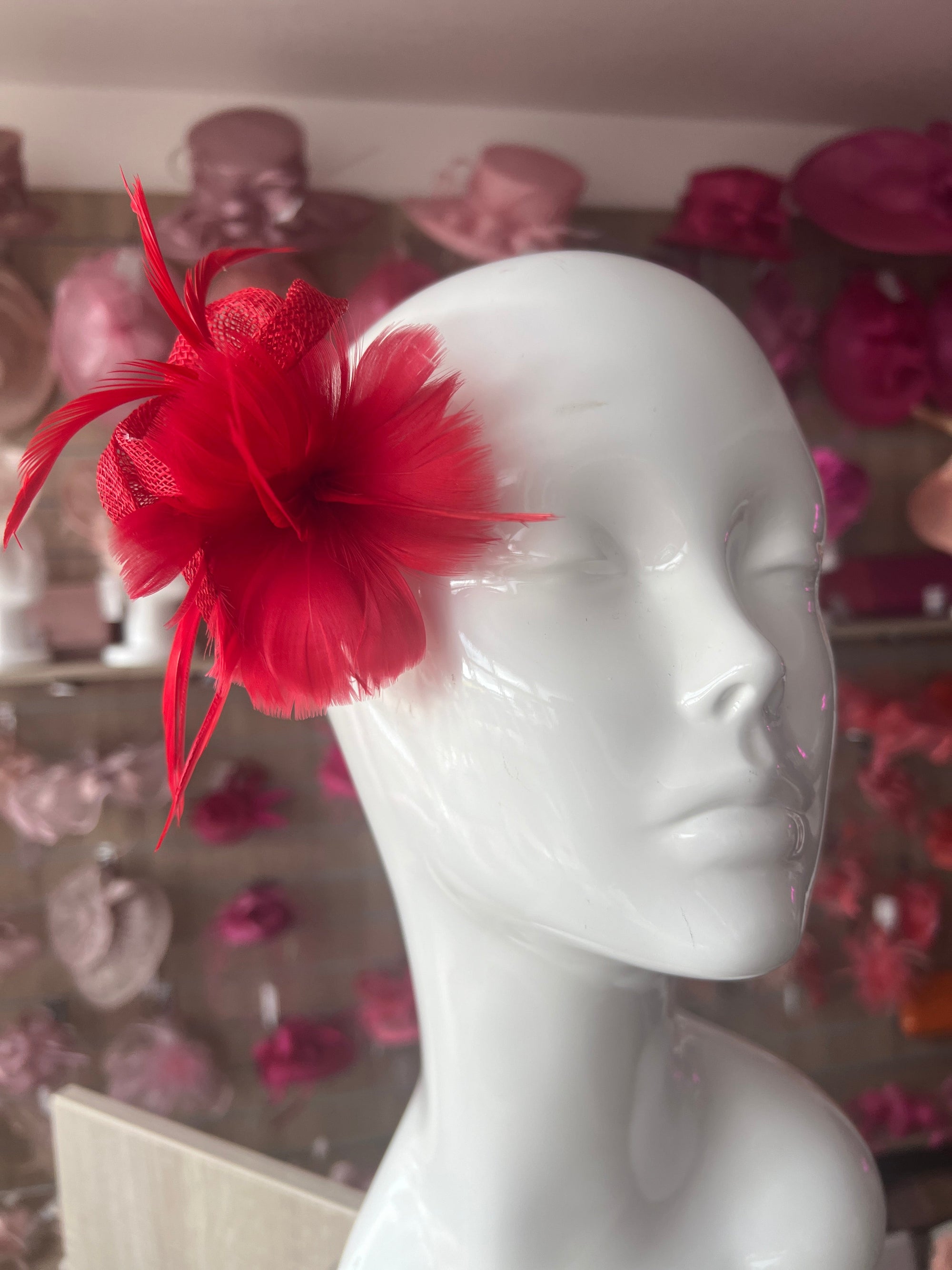 Small Red Fascinator Clip with Feathers & Sinamay Petals-Fascinators Direct