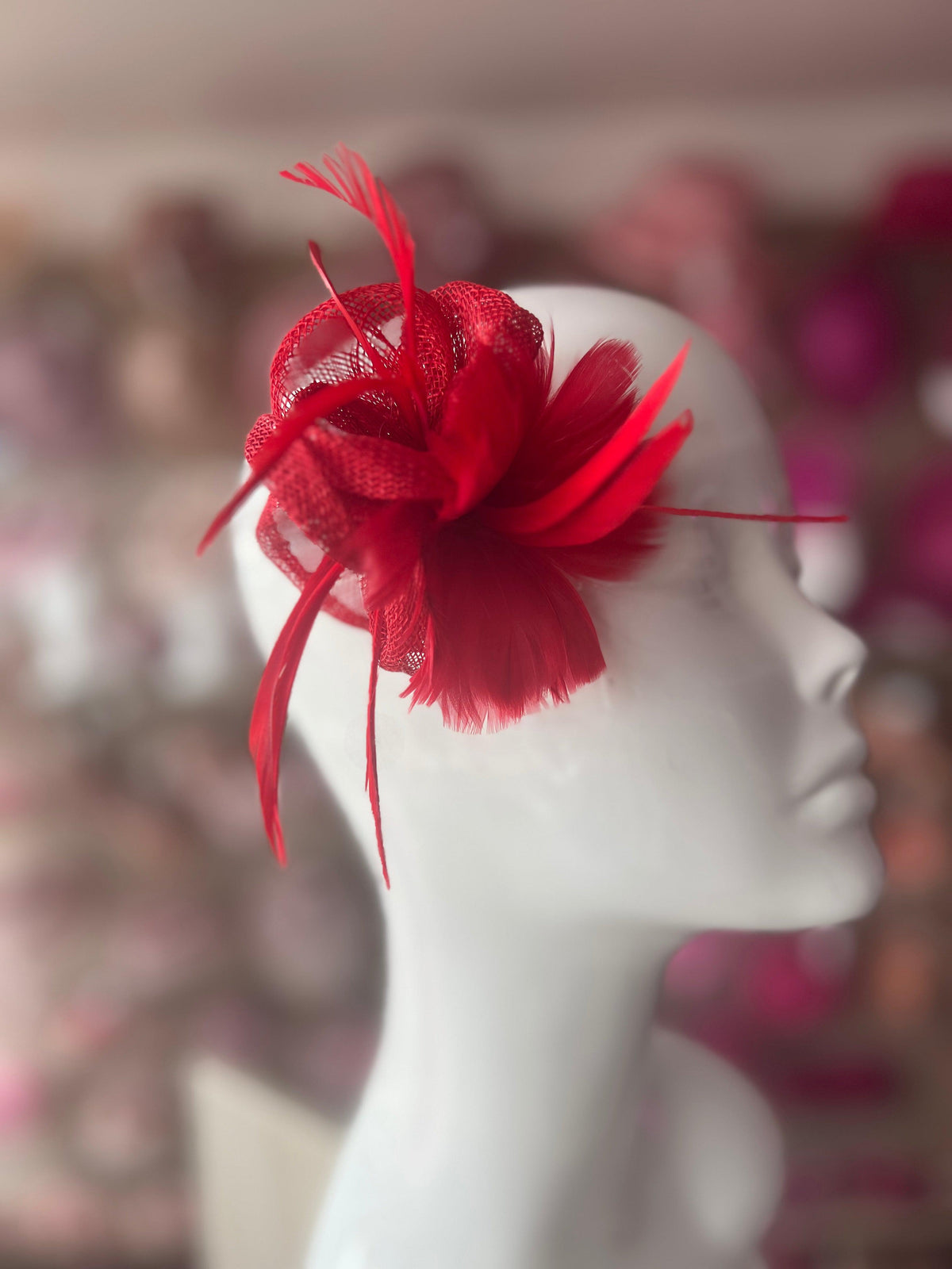 Small Red Fascinator Clip with Feathers &amp; Sinamay Petals-Fascinators Direct
