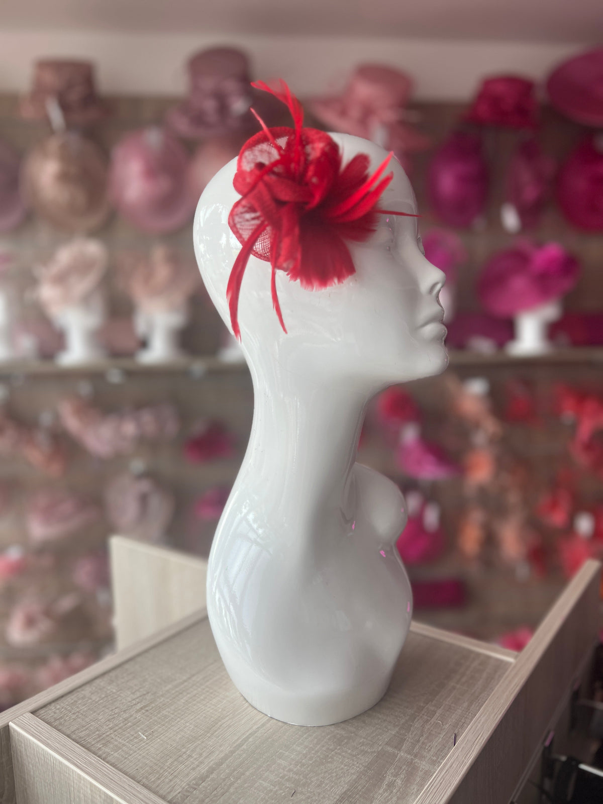 Small Red Fascinator Clip with Feathers &amp; Sinamay Petals-Fascinators Direct