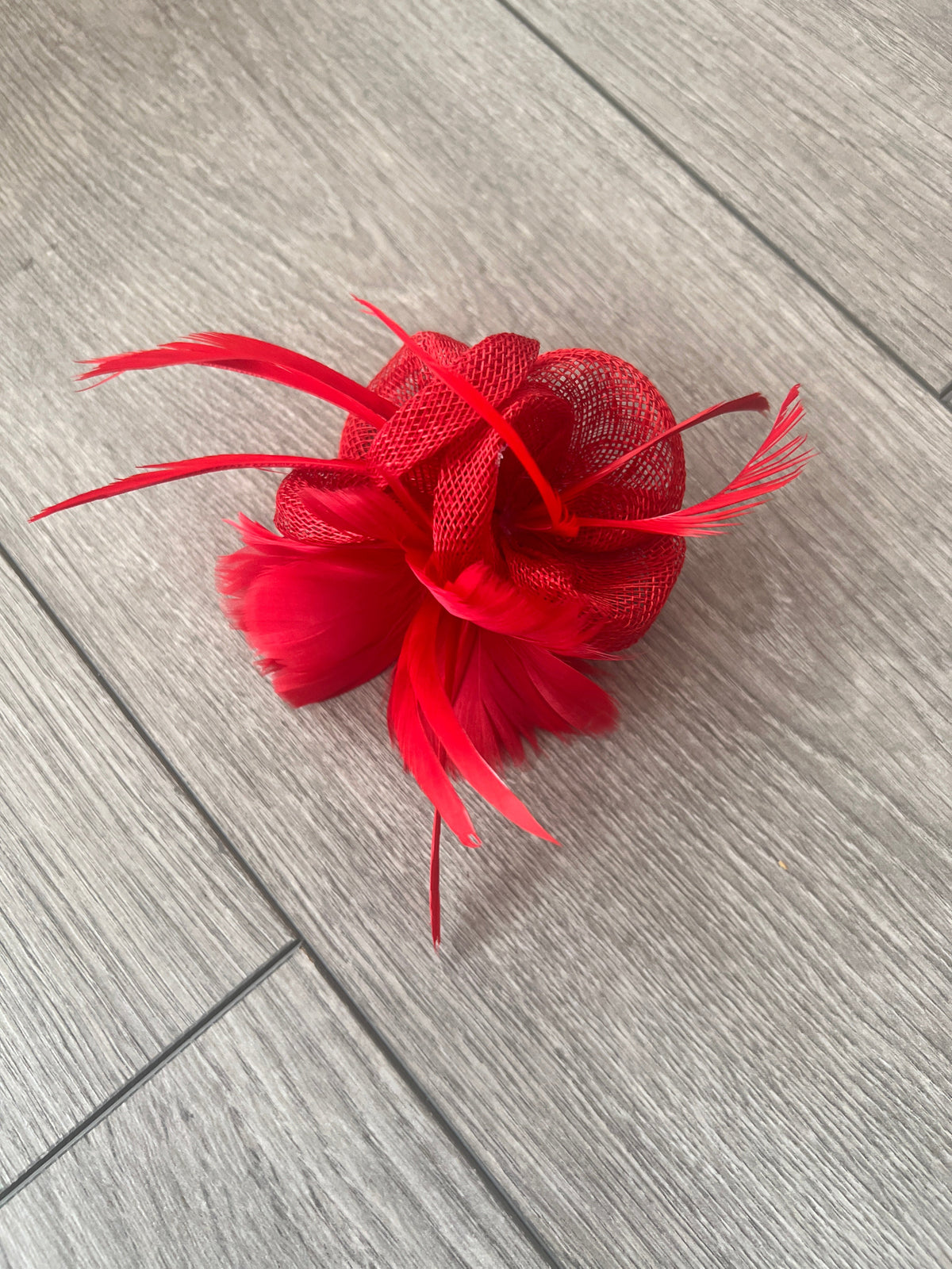 Small Red Fascinator Clip with Feathers &amp; Sinamay Petals-Fascinators Direct