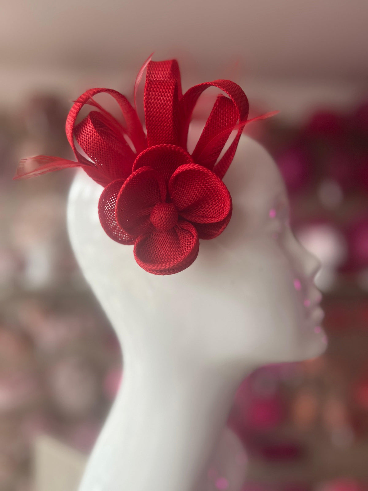 Small Red Flower Fascinator Clip with Feathers-Fascinators Direct