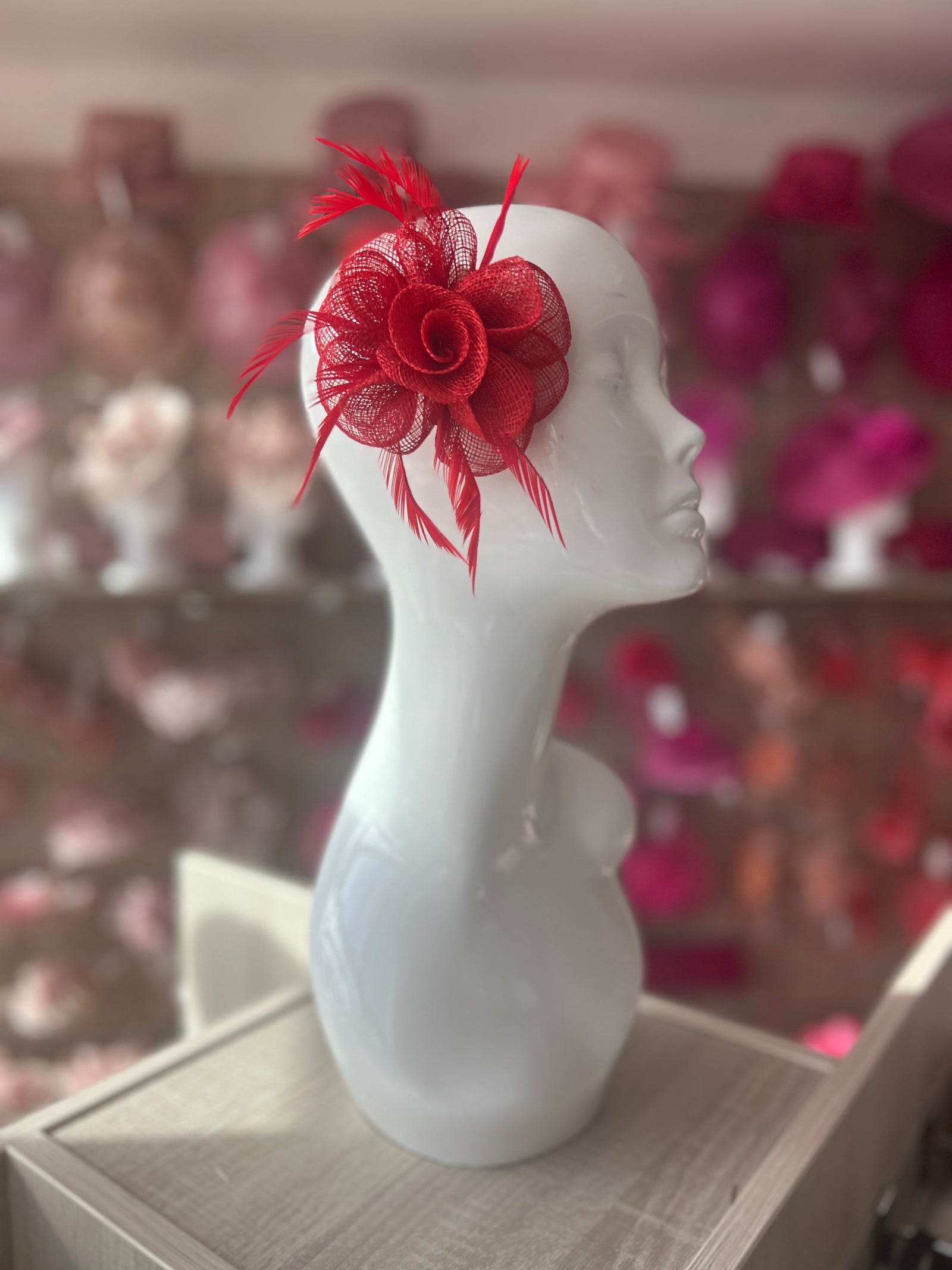Small Red Flower Fascinator Hair Clip with Feathers-Fascinators Direct