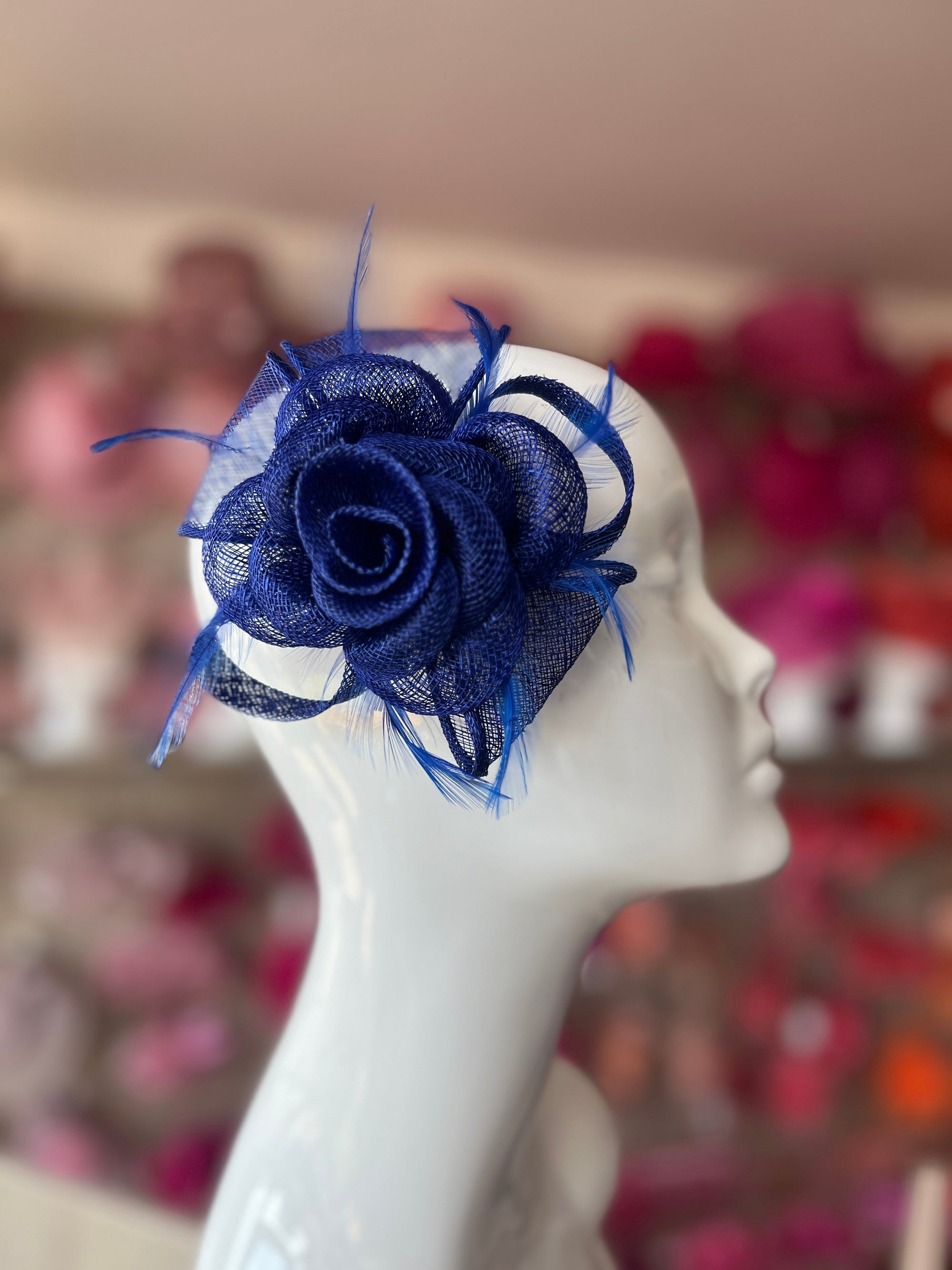 Small Royal Blue Fascinator Clip With Bow & Flower-Fascinators Direct