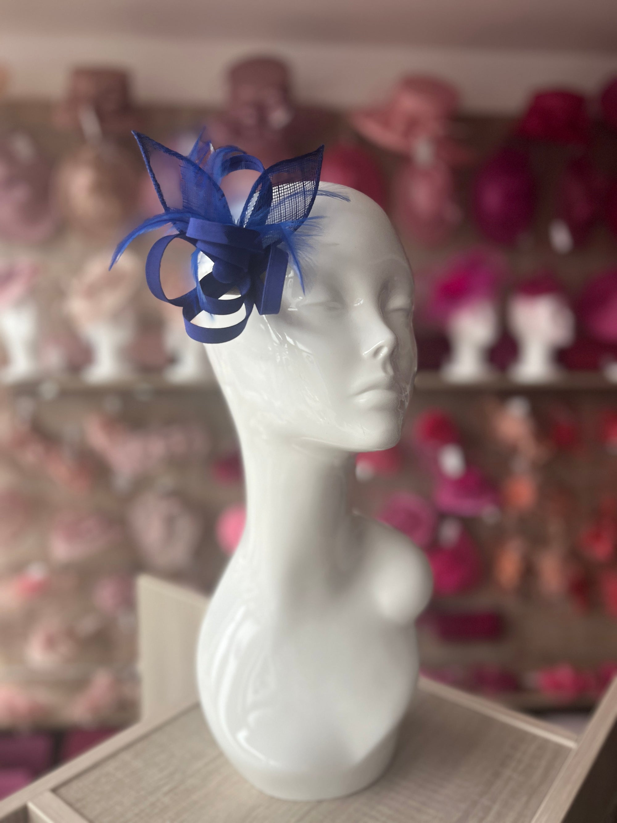 Small Royal Blue Fascinator Clip with Feathers & Satin Loops-Fascinators Direct