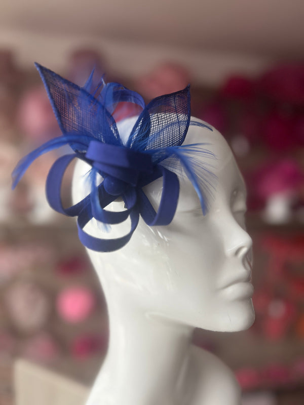Small Royal Blue Fascinator Clip with Feathers Satin Loops