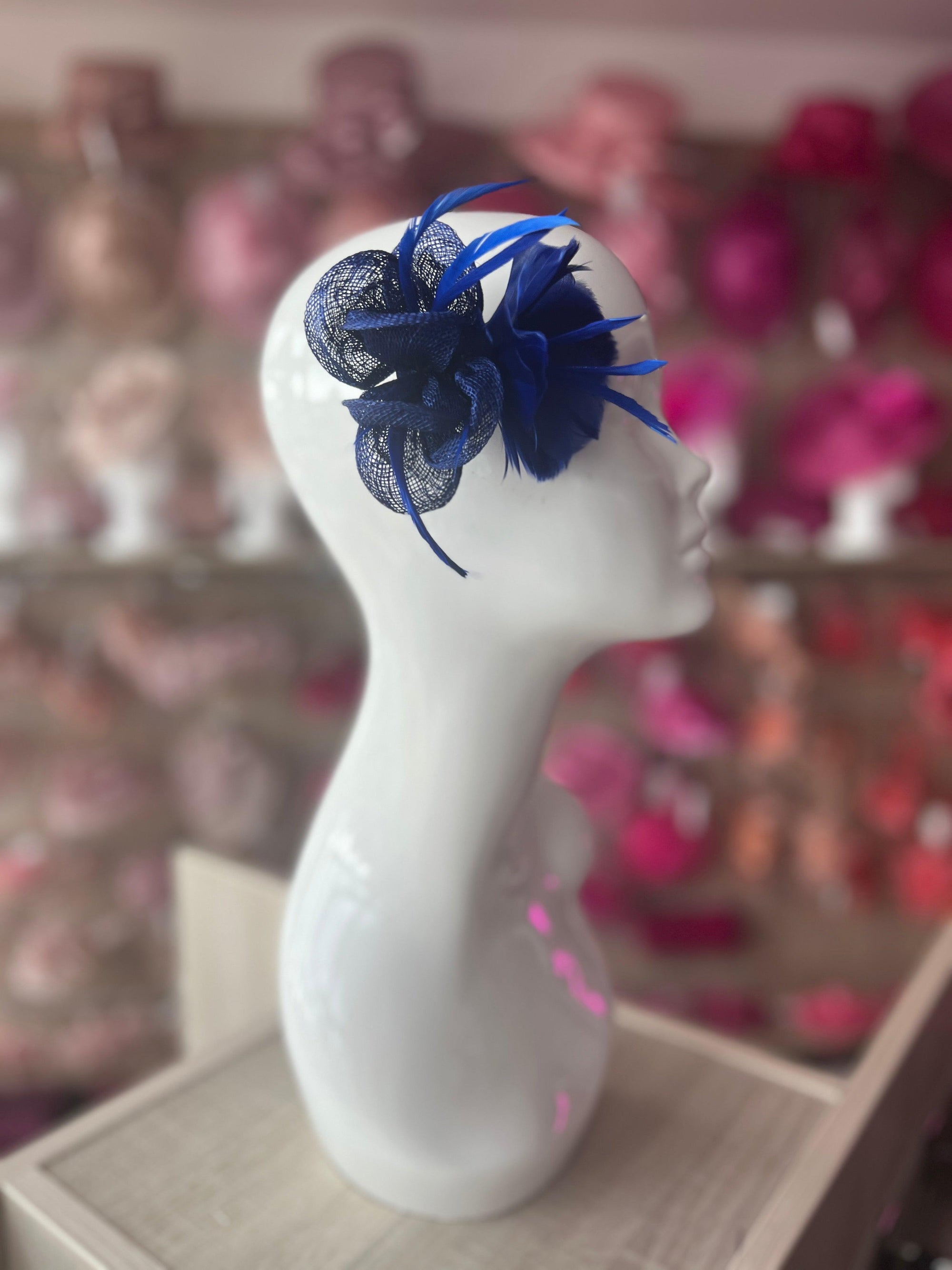 Small Royal Blue Fascinator Clip with Feathers & Sinamay Petals-Fascinators Direct